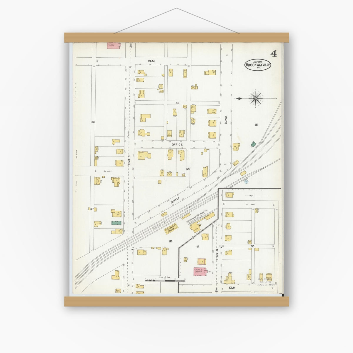 Old map wall art mockup — magnetic wood frame on white wall — Sanborn Fire Insurance Map from Brockway, Jefferson County, Pennsylvania (1904), Sheet #0004