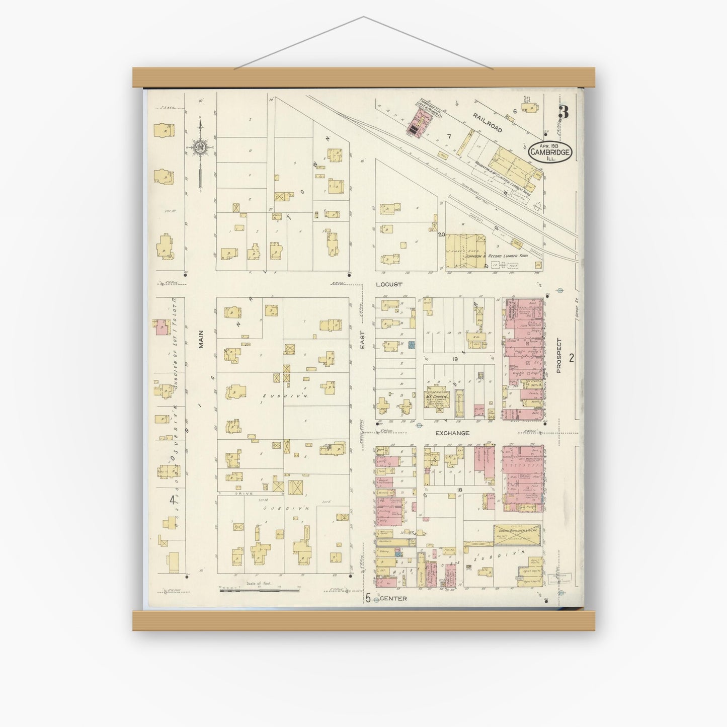 Old map wall art mockup — magnetic wood frame on white wall — Sanborn Fire Insurance Map from Cambridge, Henry County, Illinois (1913), Sheet #0003