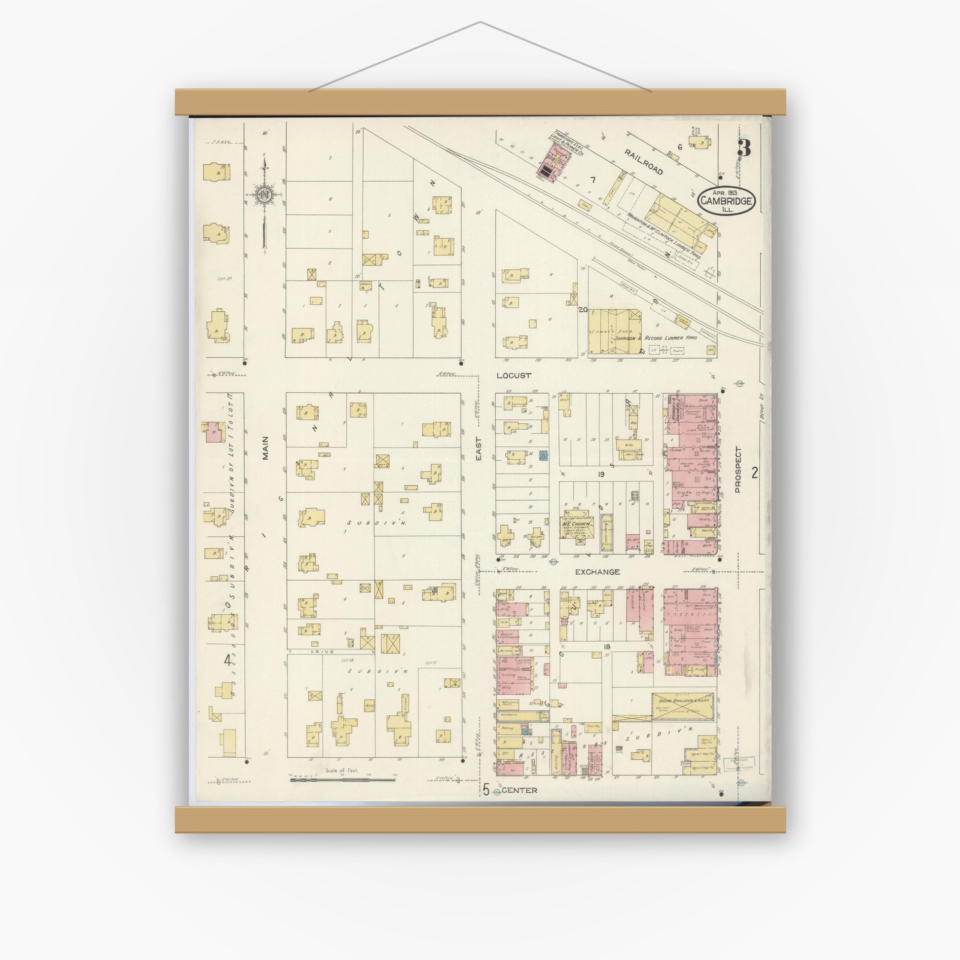 Old map wall art mockup — magnetic wood frame on white wall — Sanborn Fire Insurance Map from Cambridge, Henry County, Illinois (1913), Sheet #0003