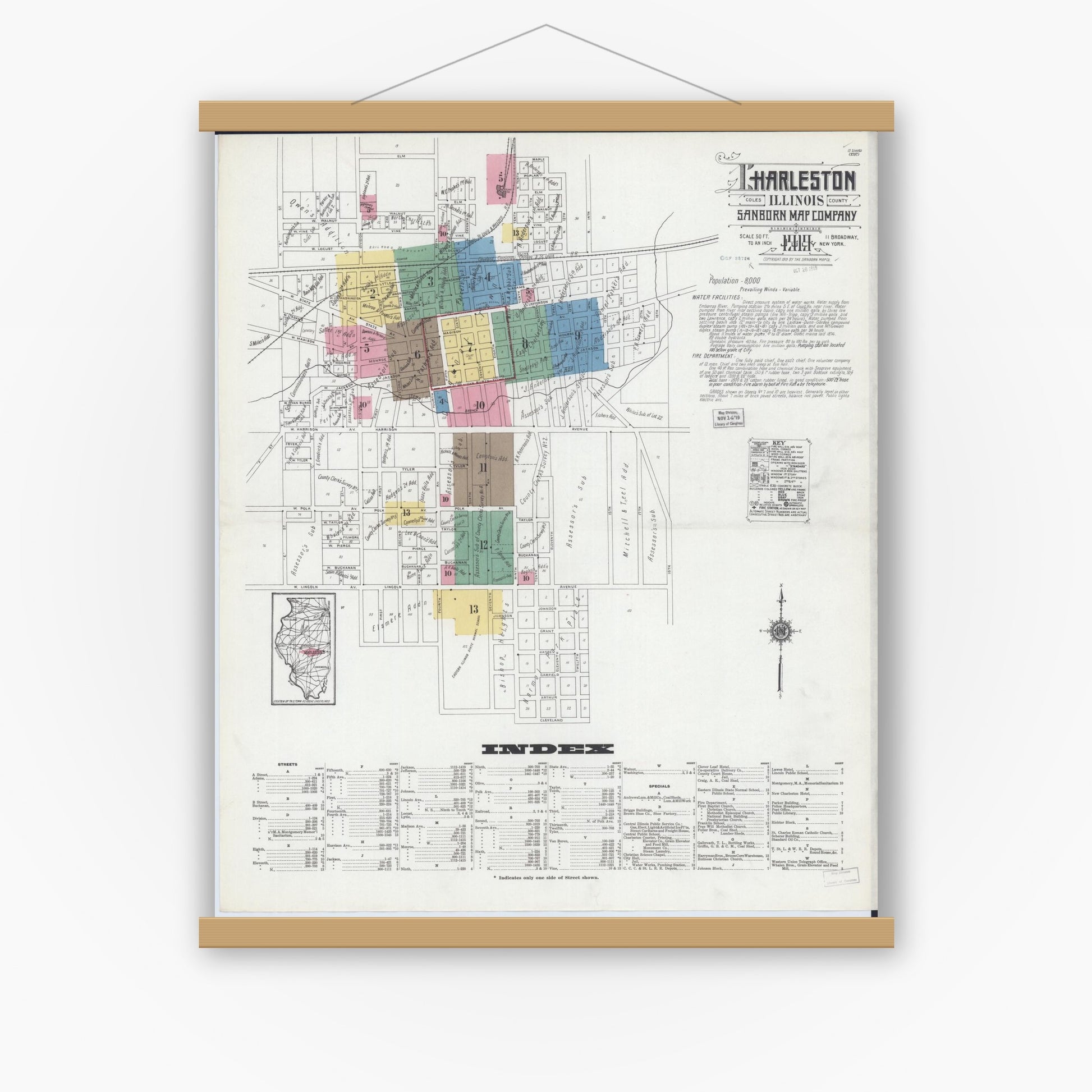 Old map wall art mockup — magnetic wood frame on white wall — Sanborn Fire Insurance Map from Charleston, Coles County, Illinois (1919) - Complete Map Set