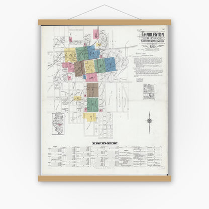 Old map wall art mockup — magnetic wood frame on white wall — Sanborn Fire Insurance Map from Charleston, Coles County, Illinois (1919) - Complete Map Set