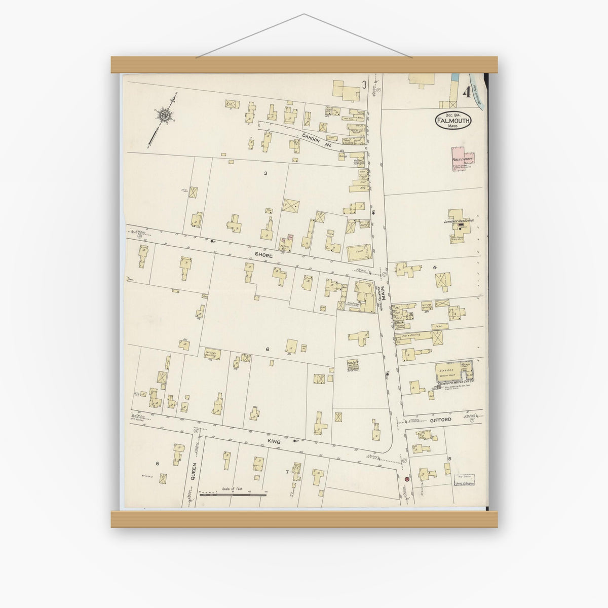 Old map wall art mockup — magnetic wood frame on white wall — Sanborn Fire Insurance Map from Falmouth, Barnstable County, Massachusetts (1914), Sheet #0004
