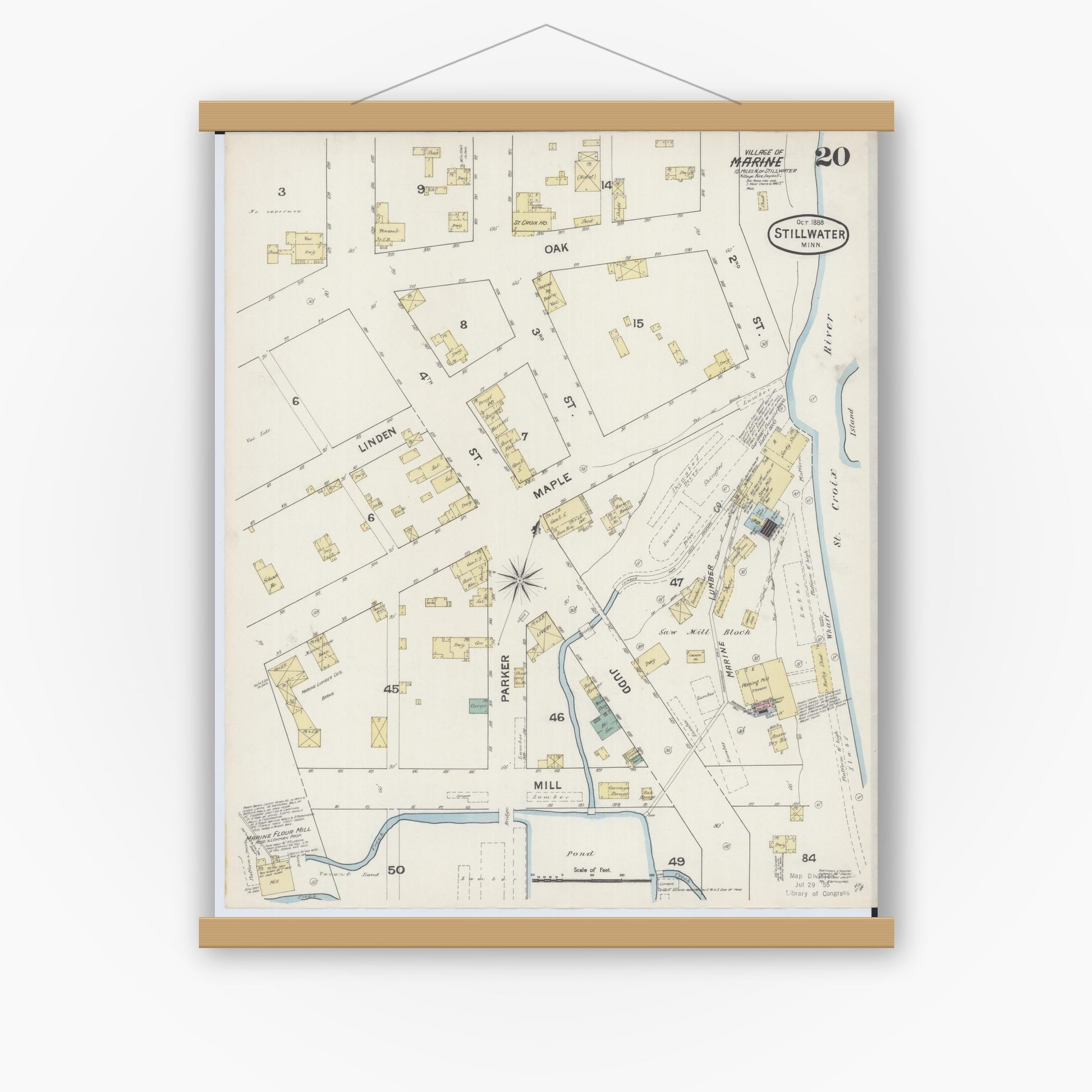 Old map wall art mockup — magnetic wood frame on white wall — Sanborn Fire Insurance Map from Stillwater, Washington County, Minnesota (1888), Sheet #0020