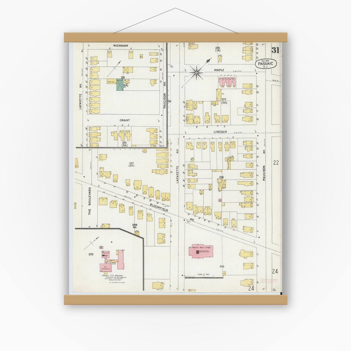 Old map wall art mockup — magnetic wood frame on white wall — Sanborn Fire Insurance Map from Passaic, Passaic County, New Jersey (1903), Sheet #0031
