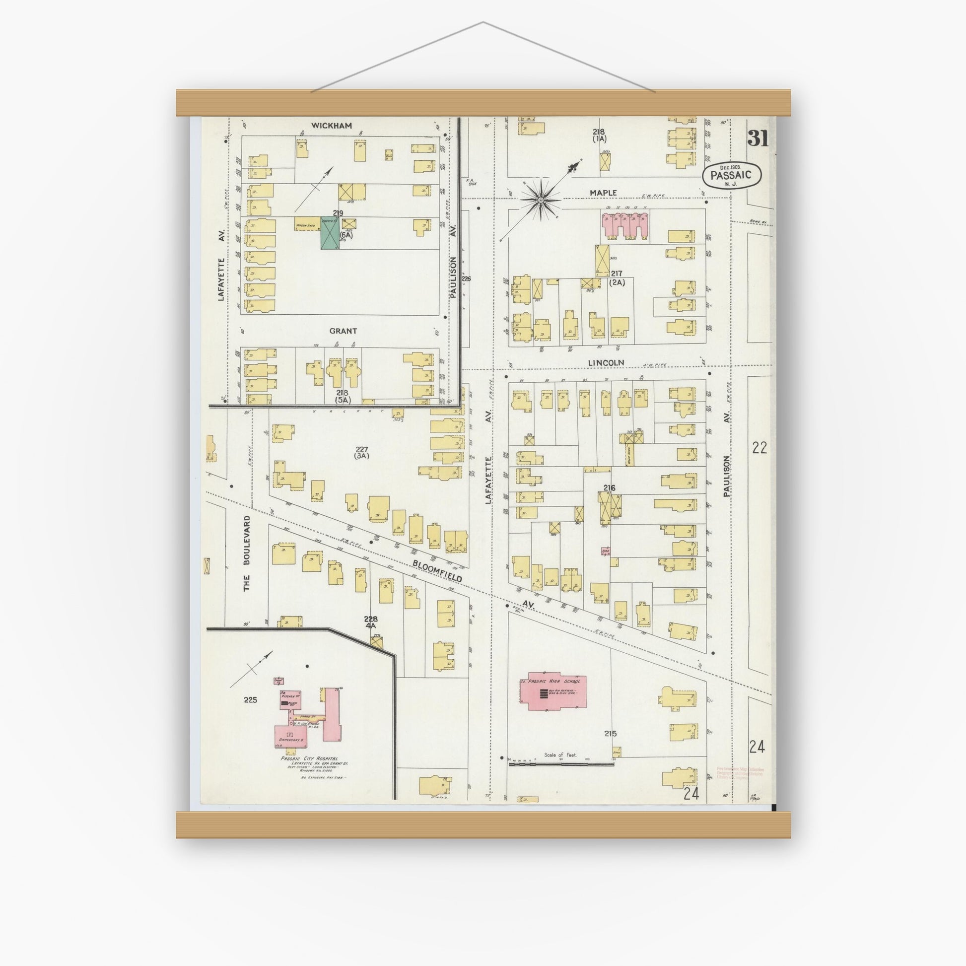 Old map wall art mockup — magnetic wood frame on white wall — Sanborn Fire Insurance Map from Passaic, Passaic County, New Jersey (1903), Sheet #0031