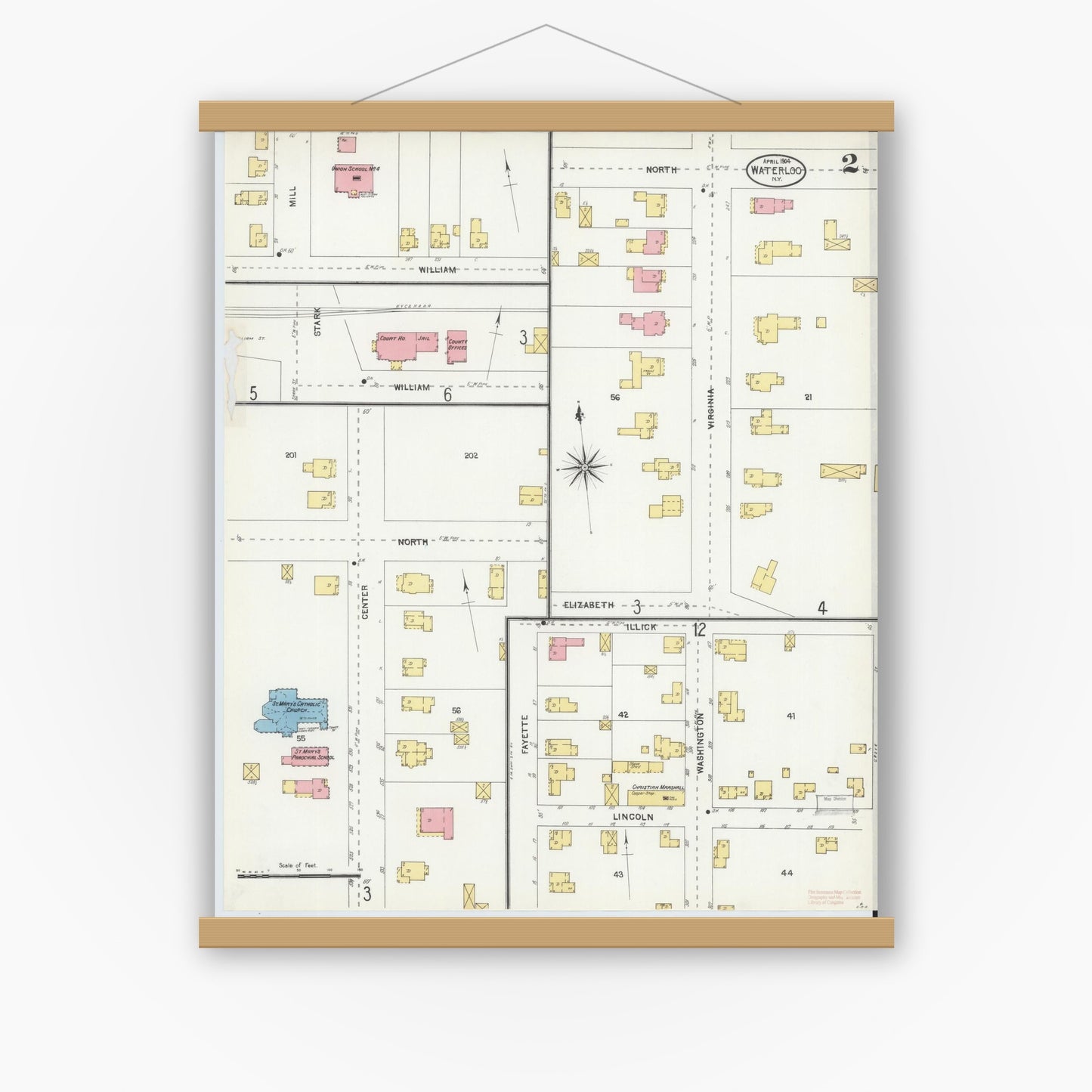 Old map wall art mockup — magnetic wood frame on white wall — Sanborn Fire Insurance Map from Waterloo, Seneca County, New York (1904), Sheet #0002