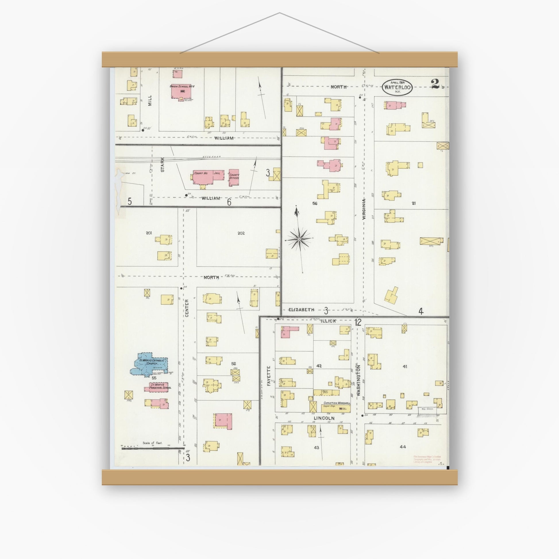 Old map wall art mockup — magnetic wood frame on white wall — Sanborn Fire Insurance Map from Waterloo, Seneca County, New York (1904), Sheet #0002
