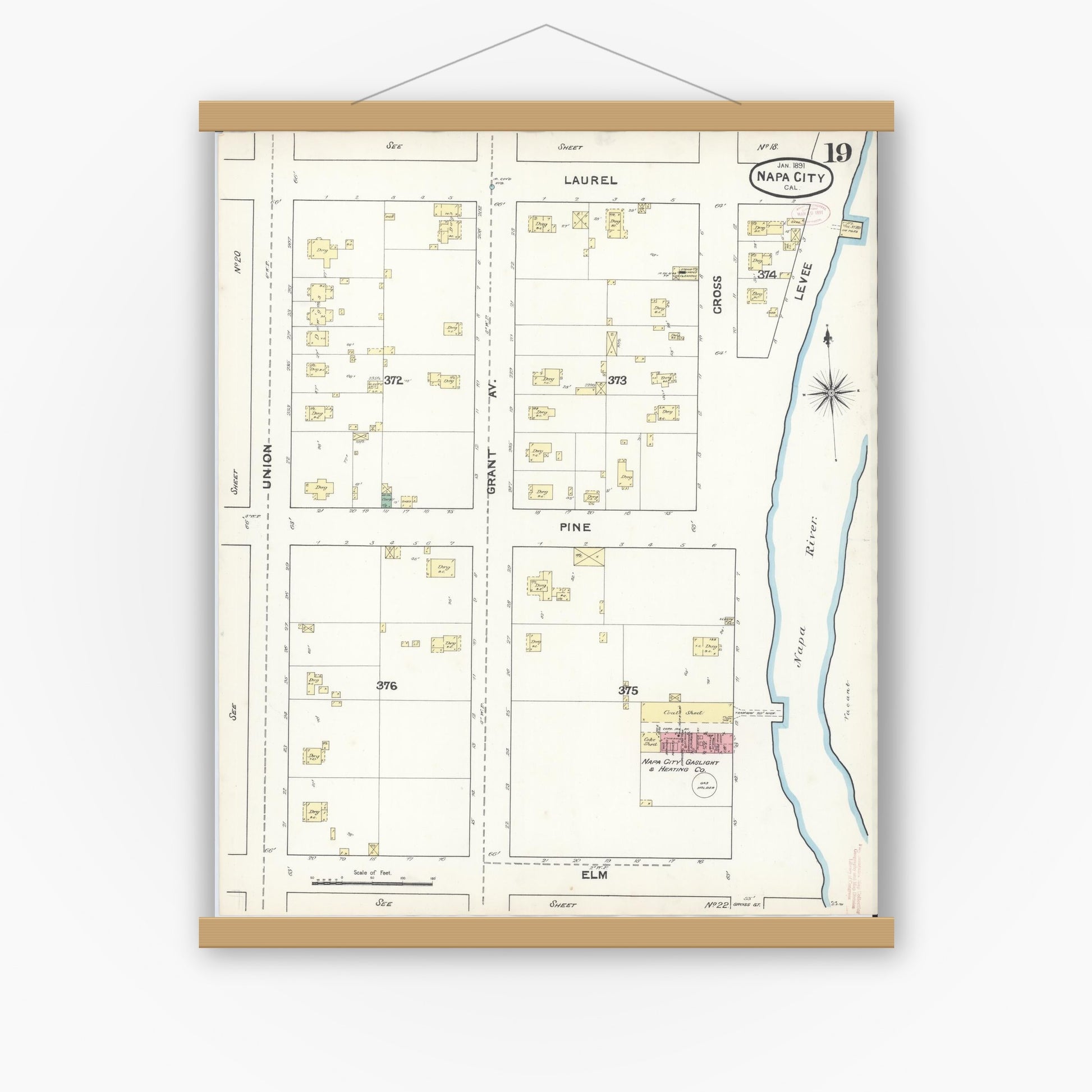 Old map wall art mockup — magnetic wood frame on white wall — Sanborn Fire Insurance Map from Napa, Napa County, California (1891), Sheet #0019