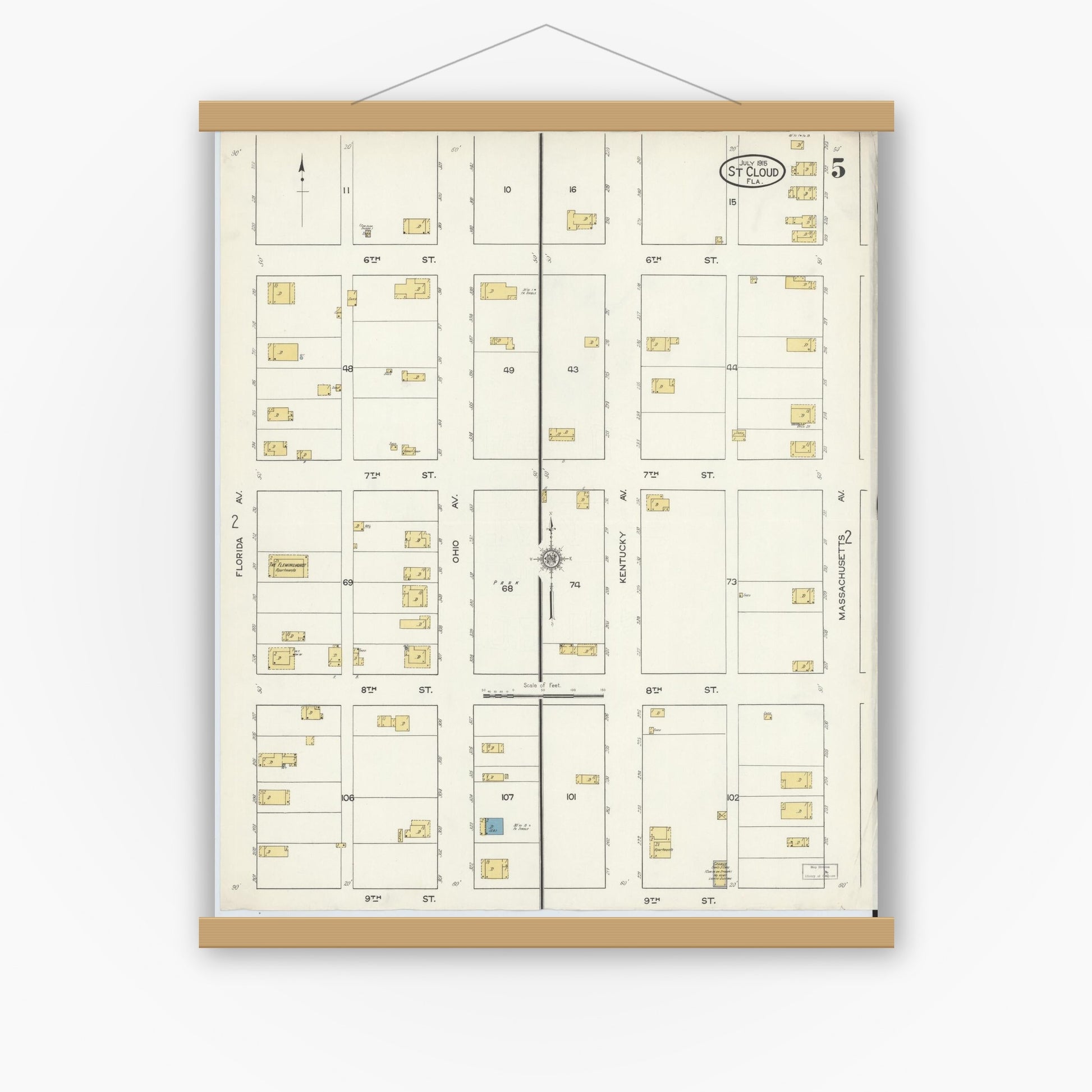 Old map wall art mockup — magnetic wood frame on white wall — Sanborn Fire Insurance Map from Saint Cloud, Osceola County, Florida (1915), Sheet #0005