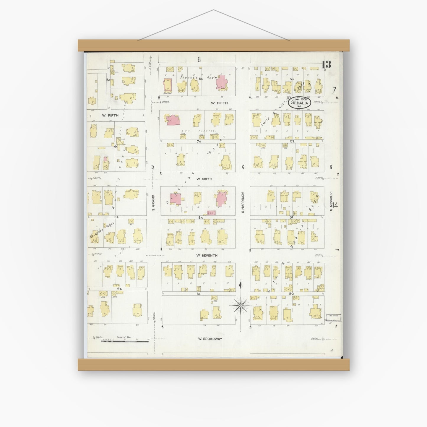 Old map wall art mockup — magnetic wood frame on white wall — Sanborn Fire Insurance Map from Sedalia, Pettis County, Missouri (1908), Sheet #0013