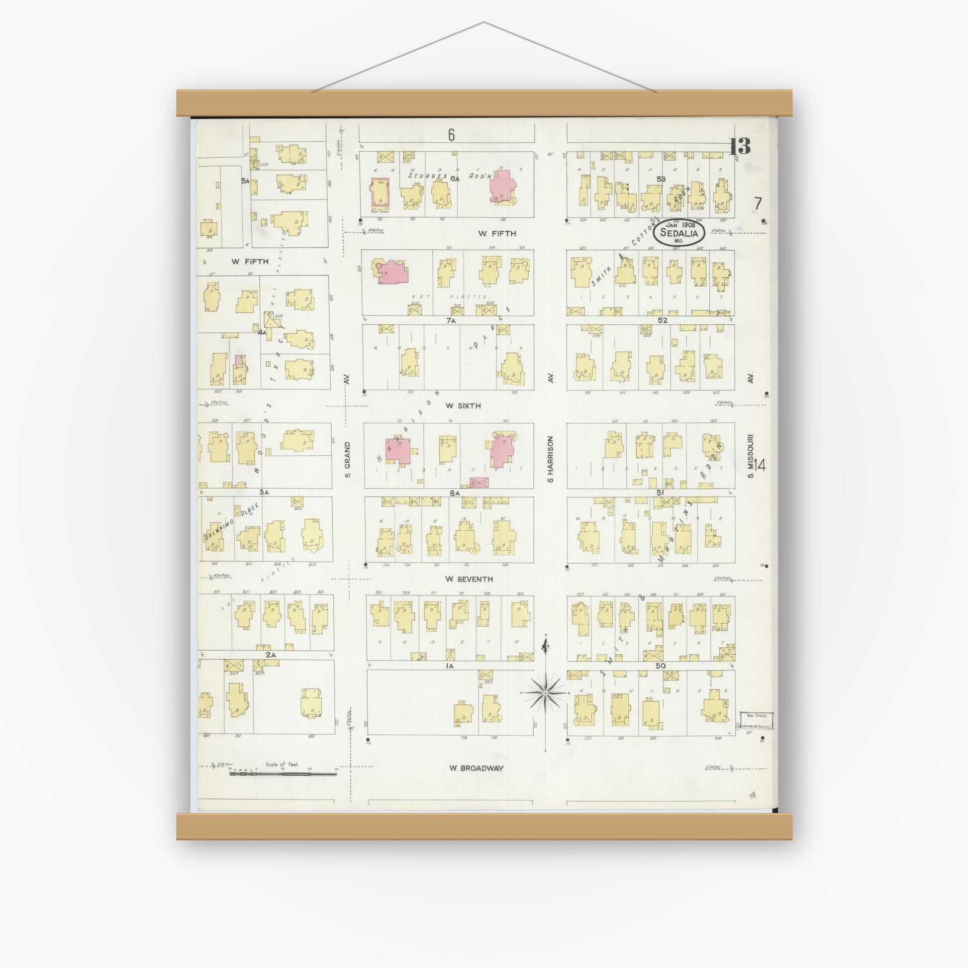 Old map wall art mockup — magnetic wood frame on white wall — Sanborn Fire Insurance Map from Sedalia, Pettis County, Missouri (1908), Sheet #0013