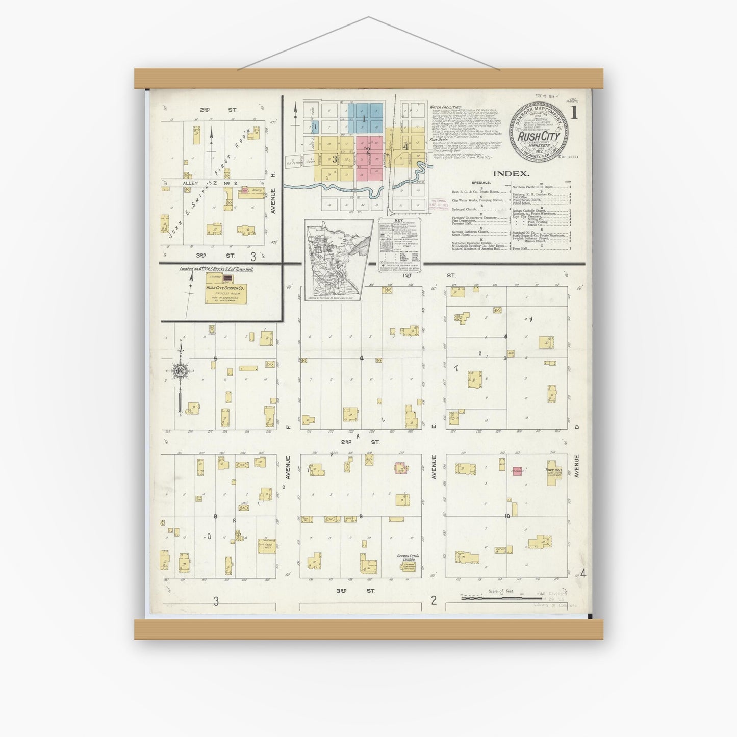 Old map wall art mockup — magnetic wood frame on white wall — Sanborn Fire Insurance Map from Rush City, Chisago County, Minnesota (1912) - Complete Map Set