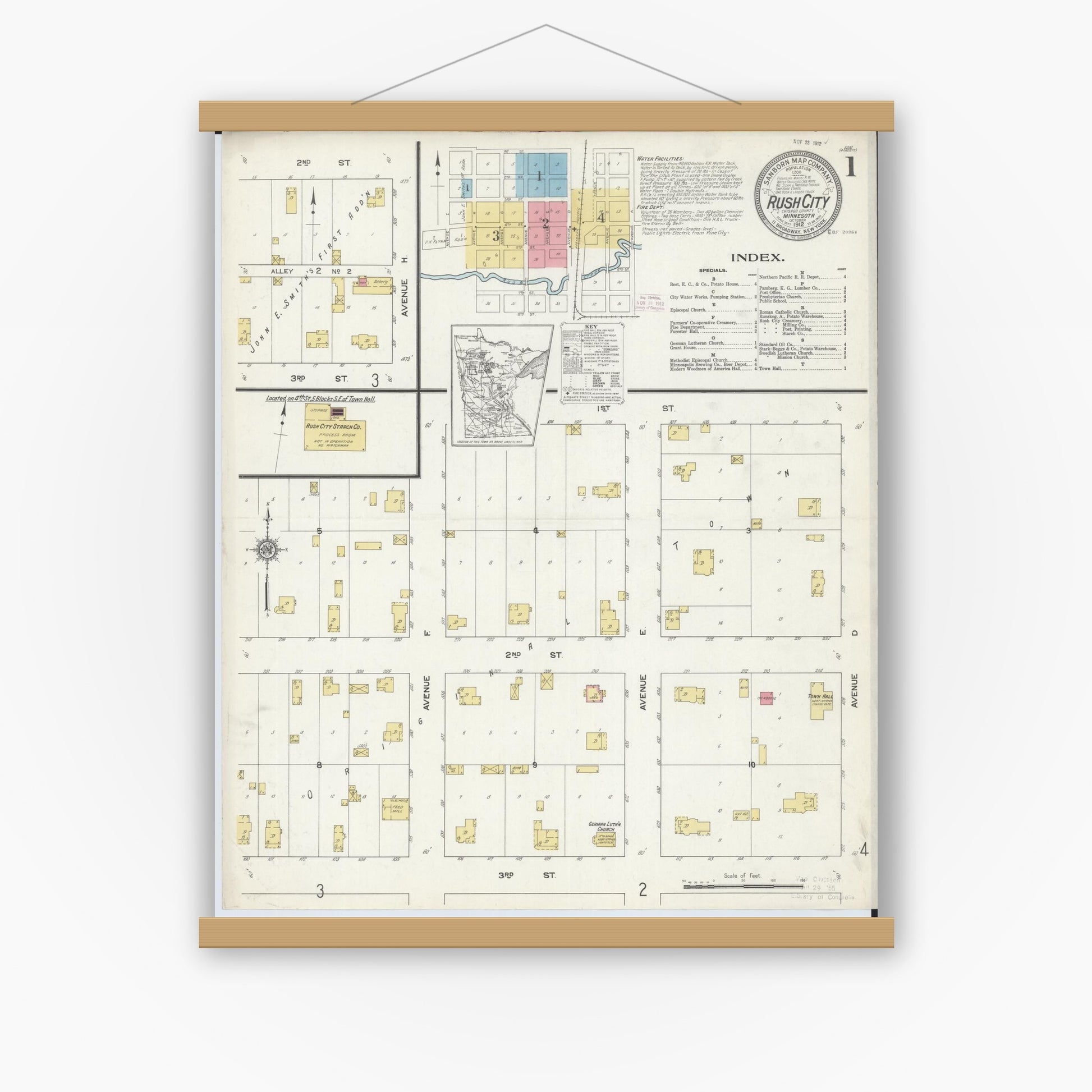 Old map wall art mockup — magnetic wood frame on white wall — Sanborn Fire Insurance Map from Rush City, Chisago County, Minnesota (1912) - Complete Map Set