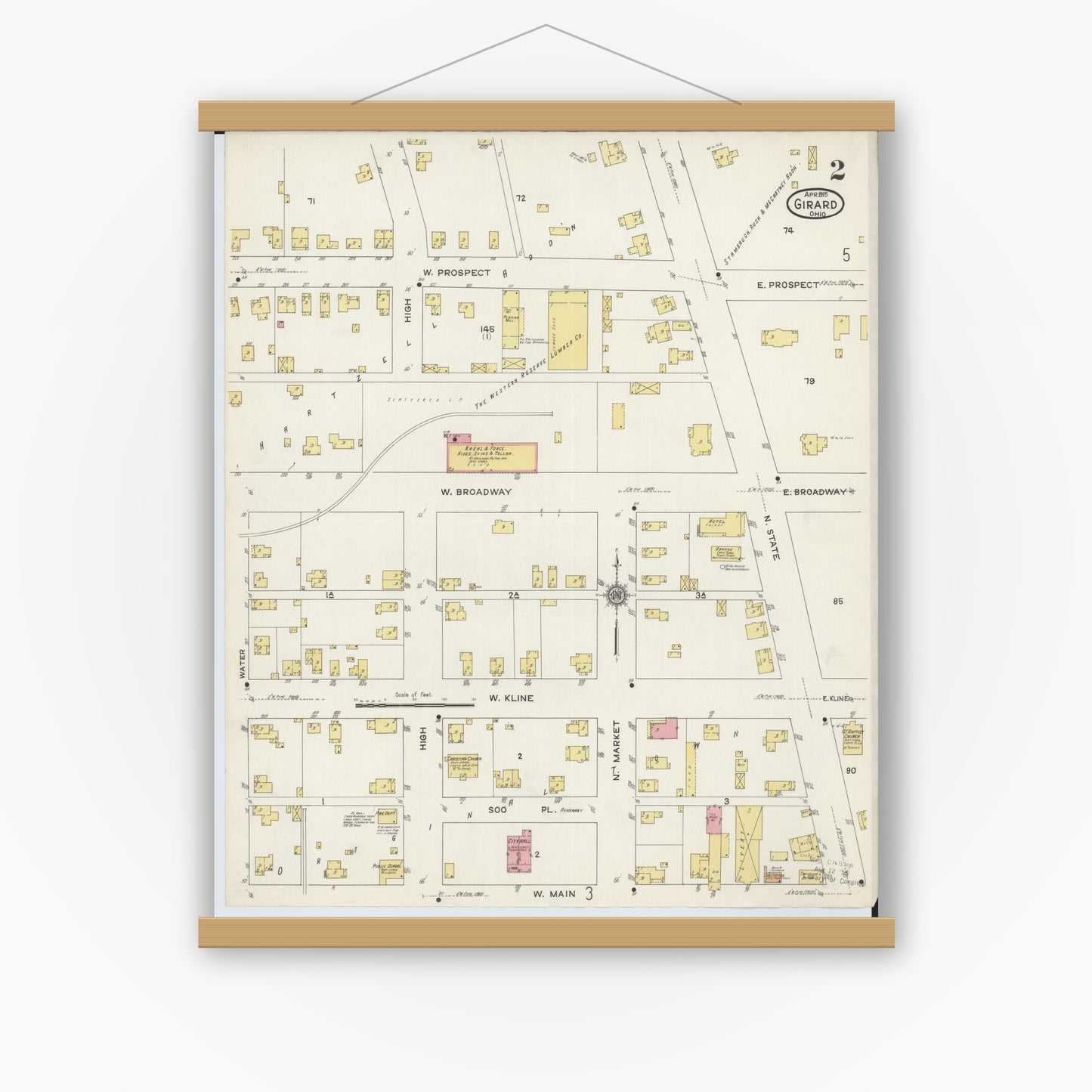 Old map wall art mockup — magnetic wood frame on white wall — Sanborn Fire Insurance Map from Girard, Trumbull County, Ohio (1915), Sheet #0002