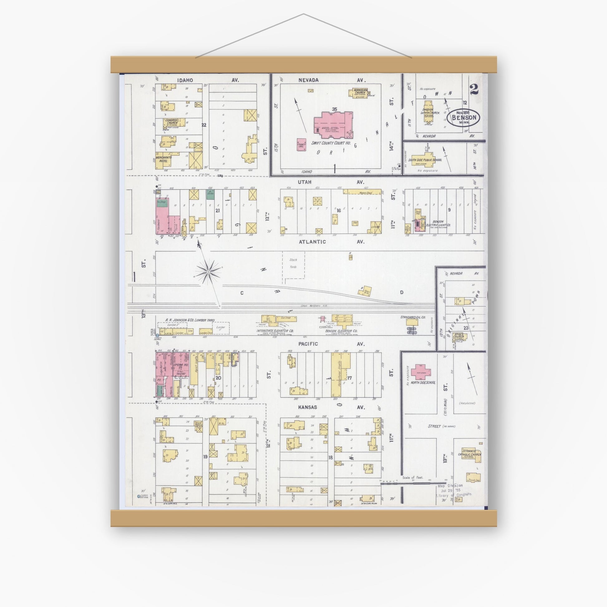 Old map wall art mockup — magnetic wood frame on white wall — Sanborn Fire Insurance Map from Benson, Swift County, Minnesota (1899), Sheet #0002