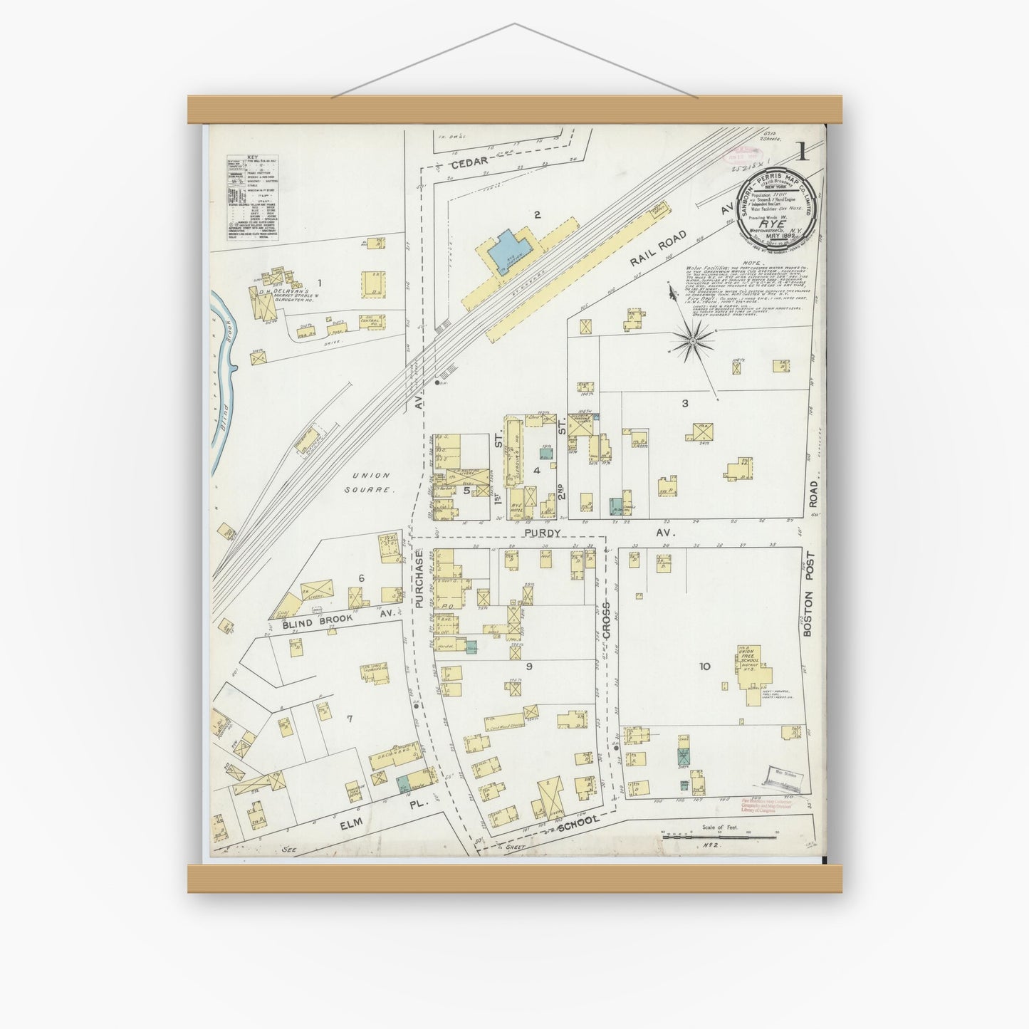 Old map wall art mockup — magnetic wood frame on white wall — Sanborn Fire Insurance Map from Rye, Westchester County, New York (1892) - Complete Map Set