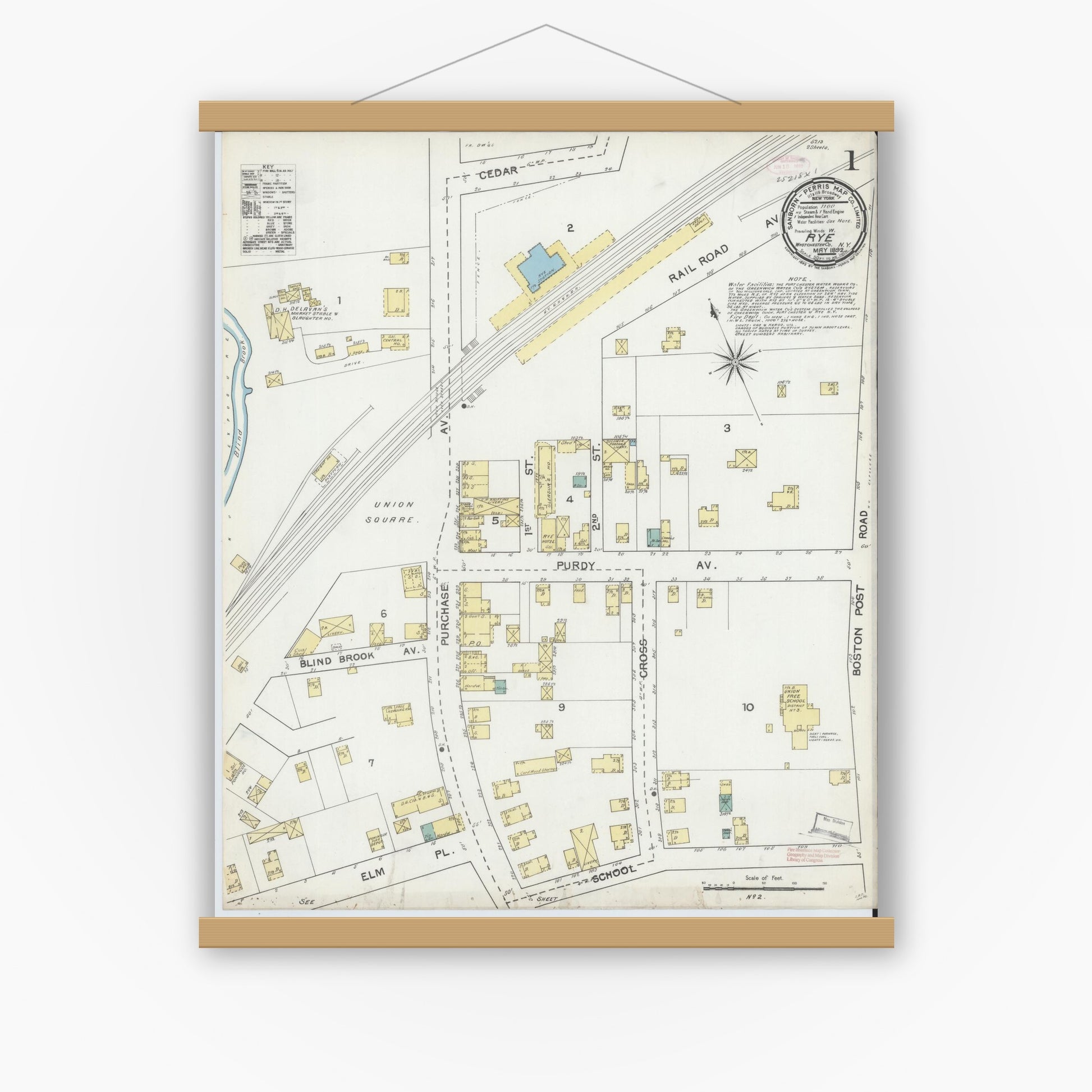 Old map wall art mockup — magnetic wood frame on white wall — Sanborn Fire Insurance Map from Rye, Westchester County, New York (1892) - Complete Map Set