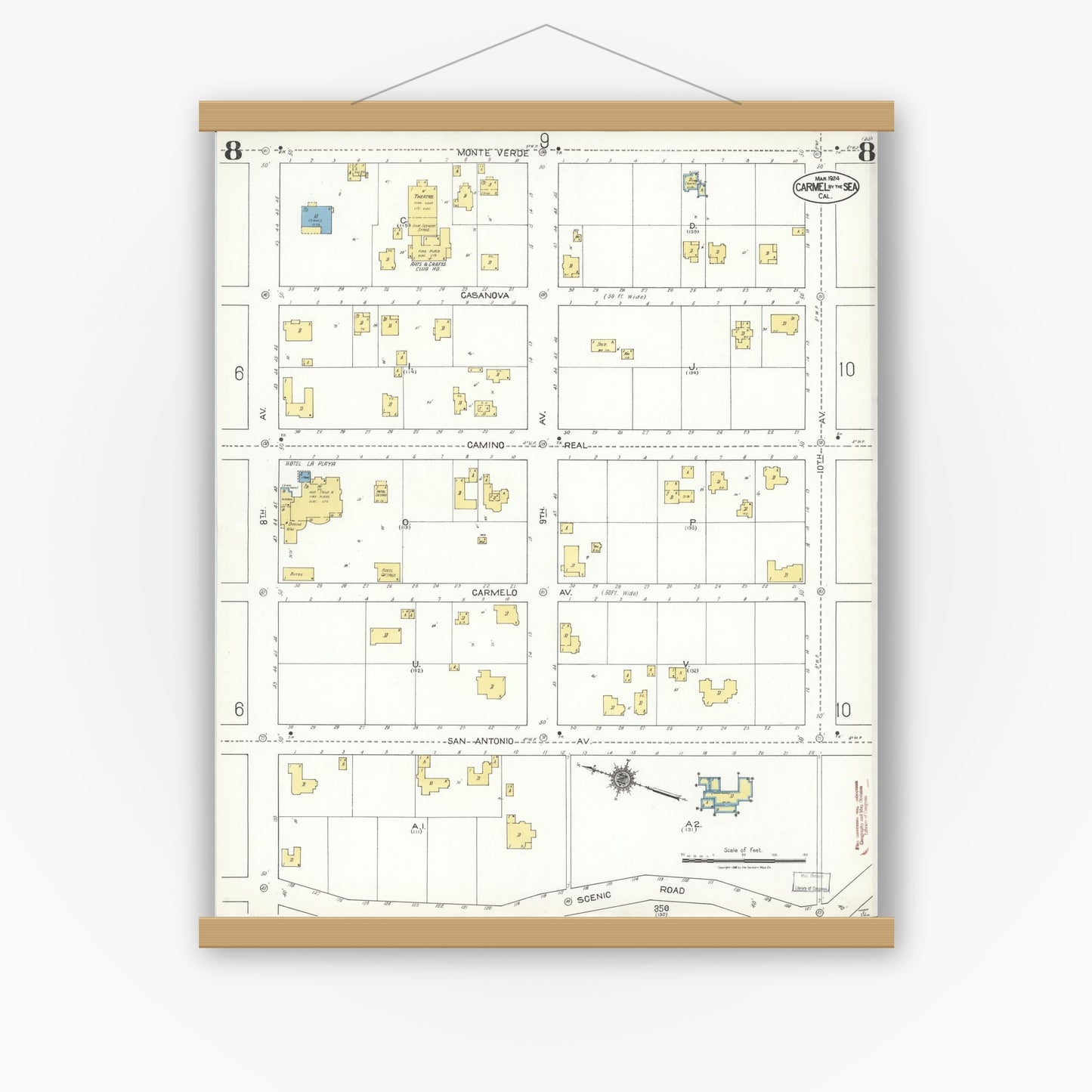 Old map wall art mockup — magnetic wood frame on white wall — Sanborn Fire Insurance Map from Carmel By The Sea, Monterey County, California (1924), Sheet #0008