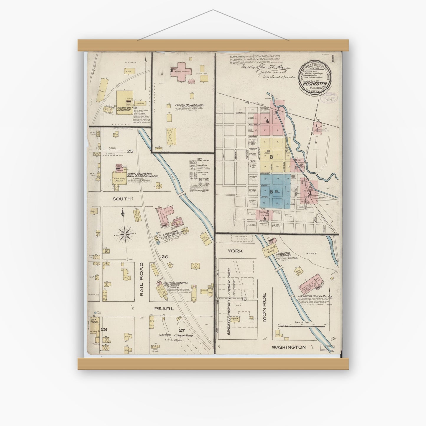 Old map wall art mockup — magnetic wood frame on white wall — Sanborn Fire Insurance Map from Rochester, Fulton County, Indiana (1885) - Complete Map Set