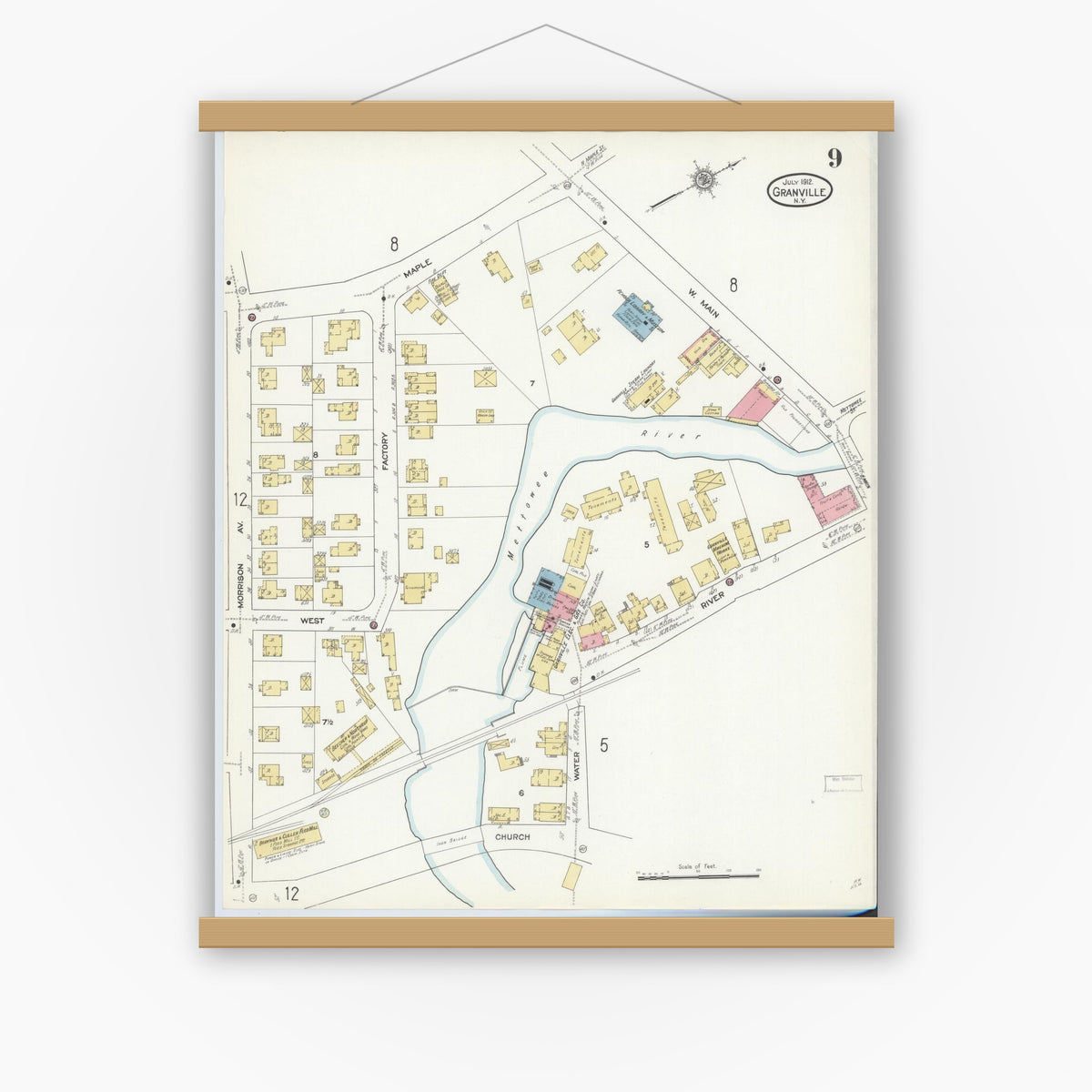 Old map wall art mockup — magnetic wood frame on white wall — Sanborn Fire Insurance Map from Granville, Washington County, New York (1912), Sheet #0009