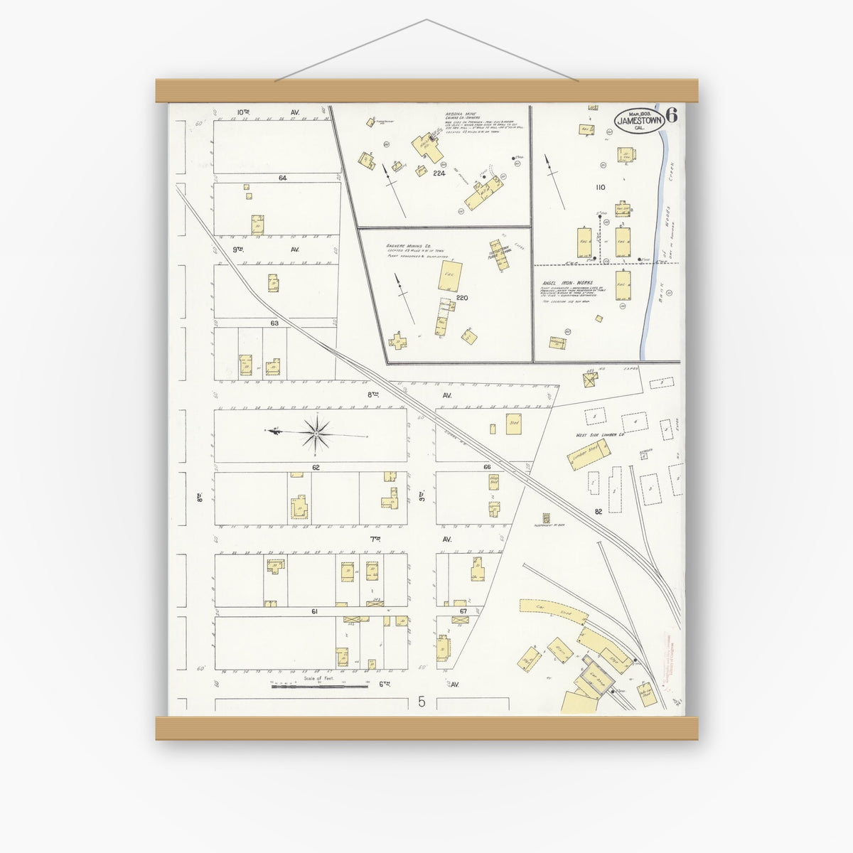 Old map wall art mockup — magnetic wood frame on white wall — Sanborn Fire Insurance Map from Jamestown, Tuolumne County, California (1908), Sheet #0006