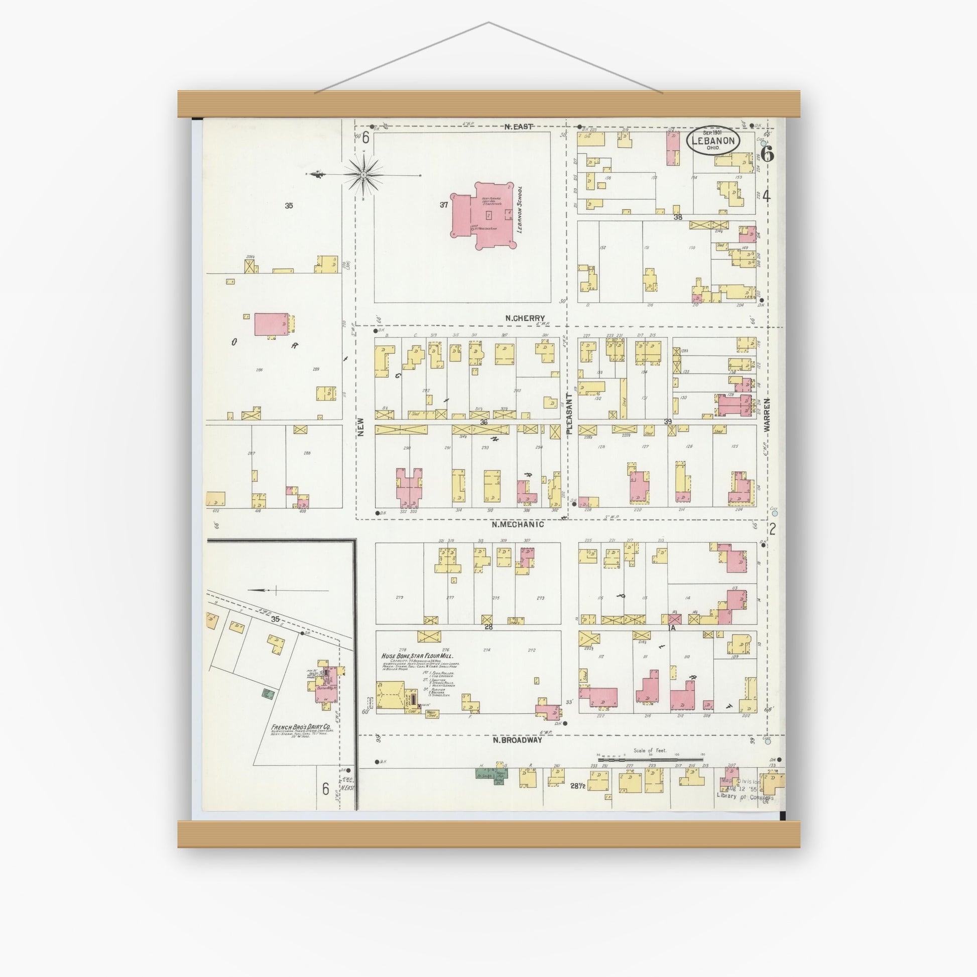 Old map wall art mockup — magnetic wood frame on white wall — Sanborn Fire Insurance Map from Lebanon, Warren County, Ohio (1901), Sheet #0006
