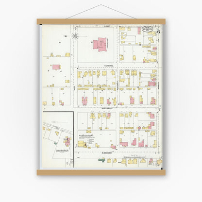 Old map wall art mockup — magnetic wood frame on white wall — Sanborn Fire Insurance Map from Lebanon, Warren County, Ohio (1901), Sheet #0006