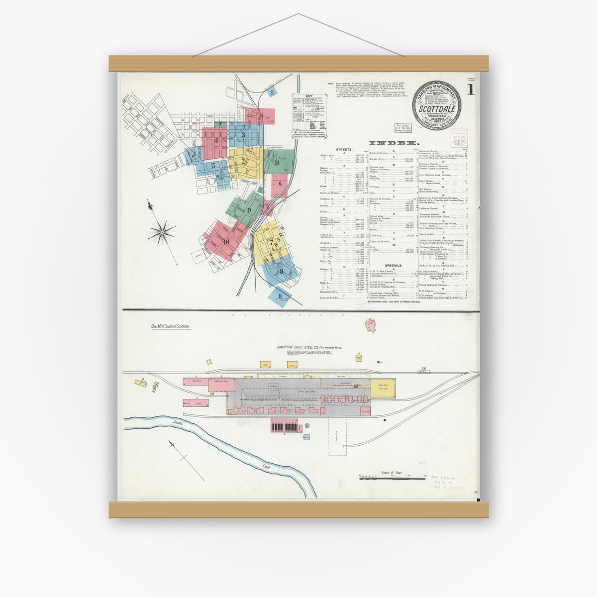 Old map wall art mockup — magnetic wood frame on white wall — Sanborn Fire Insurance Map from Scottdale, Westmoreland County, Pennsylvania (1903) - Complete Map Set