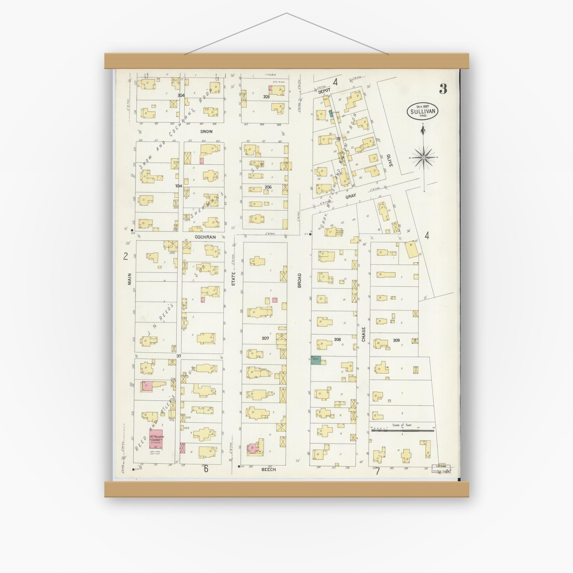 Old map wall art mockup — magnetic wood frame on white wall — Sanborn Fire Insurance Map from Sullivan, Sullivan County, Indiana (1907), Sheet #0003
