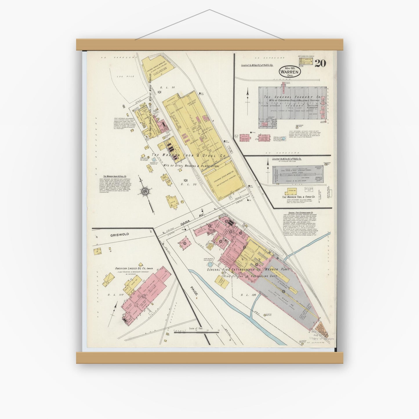 Old map wall art mockup — magnetic wood frame on white wall — Sanborn Fire Insurance Map from Warren, Trumbull County, Ohio (1915), Sheet #0020