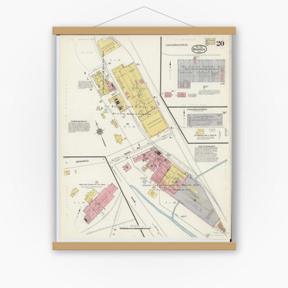 Old map wall art mockup — magnetic wood frame on white wall — Sanborn Fire Insurance Map from Warren, Trumbull County, Ohio (1915), Sheet #0020