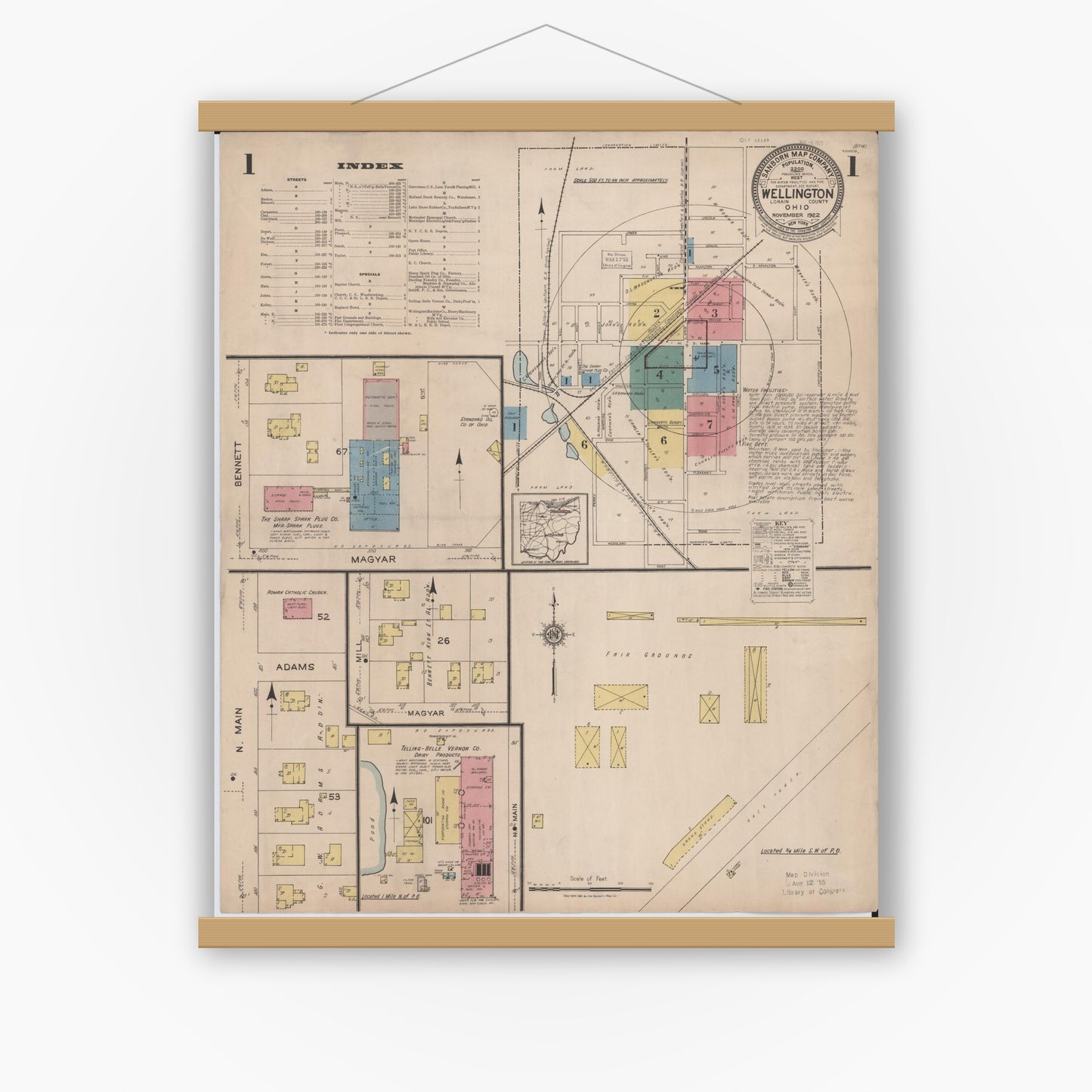 Old map wall art mockup — magnetic wood frame on white wall — Sanborn Fire Insurance Map from Wellington, Lorain County, Ohio (1922), Sheet #0001