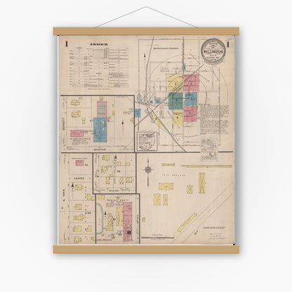 Old map wall art mockup — magnetic wood frame on white wall — Sanborn Fire Insurance Map from Wellington, Lorain County, Ohio (1922), Sheet #0001
