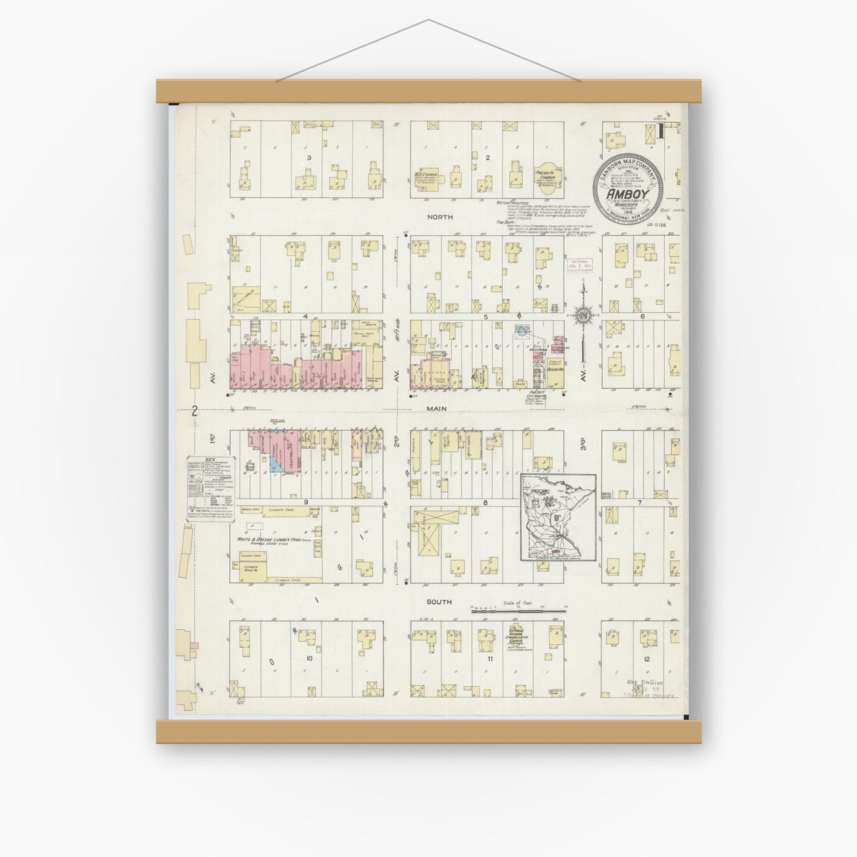 Old map wall art mockup — magnetic wood frame on white wall — Sanborn Fire Insurance Map from Amboy, Blue Earth County, Minnesota (1914) - Complete Map Set