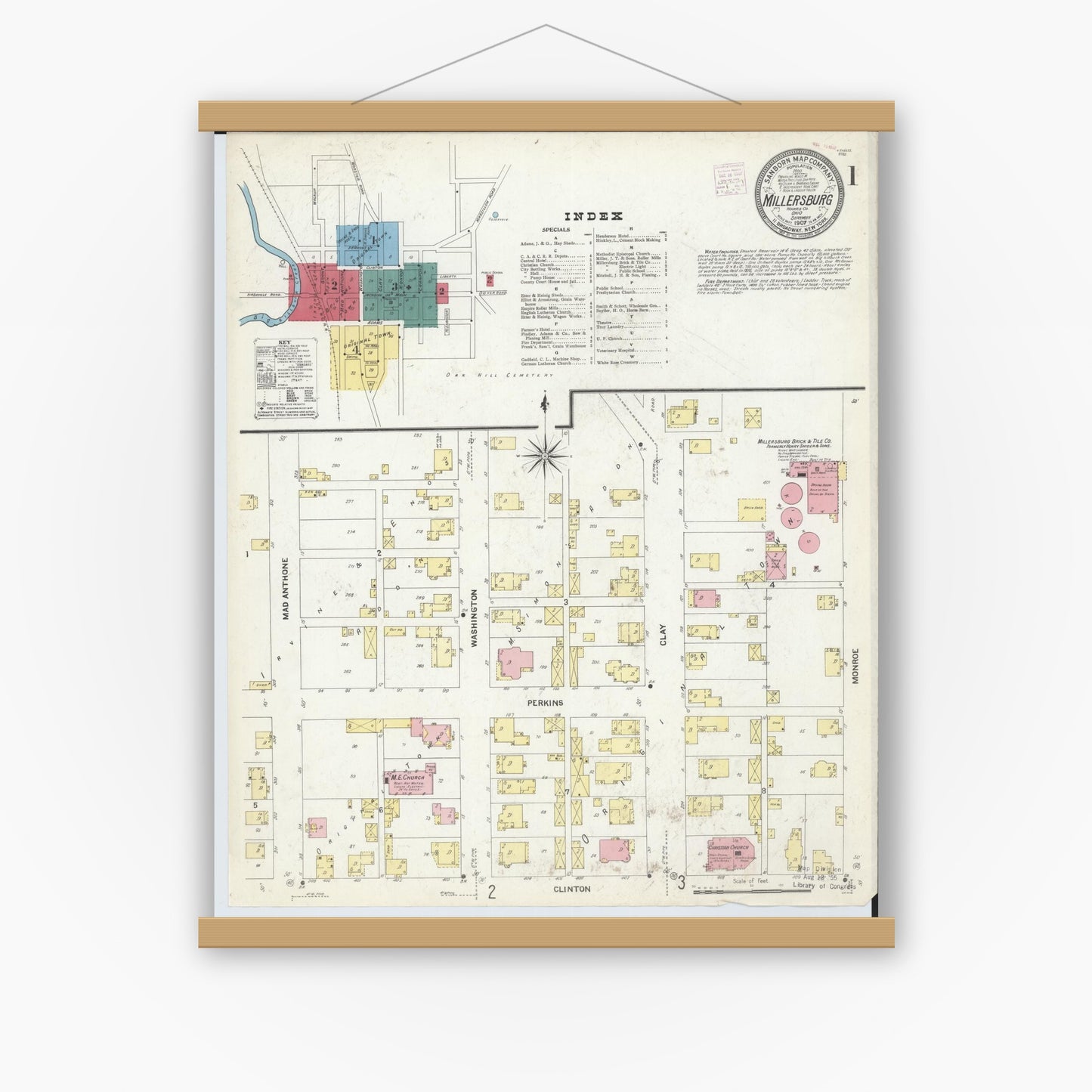 Old map wall art mockup — magnetic wood frame on white wall — Sanborn Fire Insurance Map from Millersburg, Holmes County, Ohio (1907) - Complete Map Set
