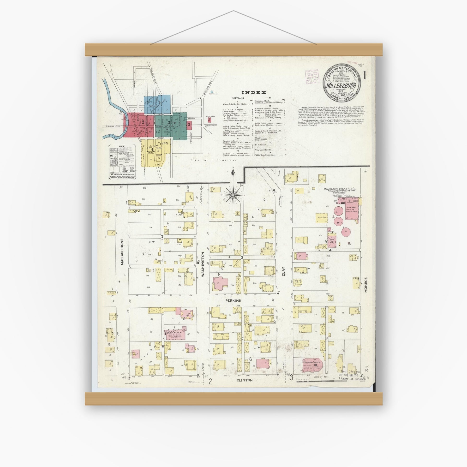 Old map wall art mockup — magnetic wood frame on white wall — Sanborn Fire Insurance Map from Millersburg, Holmes County, Ohio (1907) - Complete Map Set