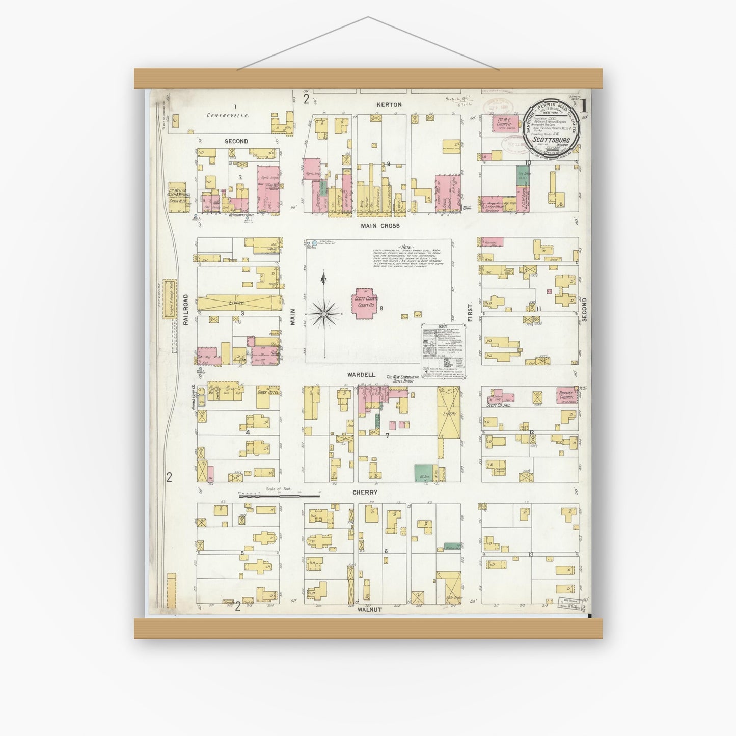Old map wall art mockup — magnetic wood frame on white wall — Sanborn Fire Insurance Map from Scottsburg, Scott County, Indiana (1899) - Complete Map Set