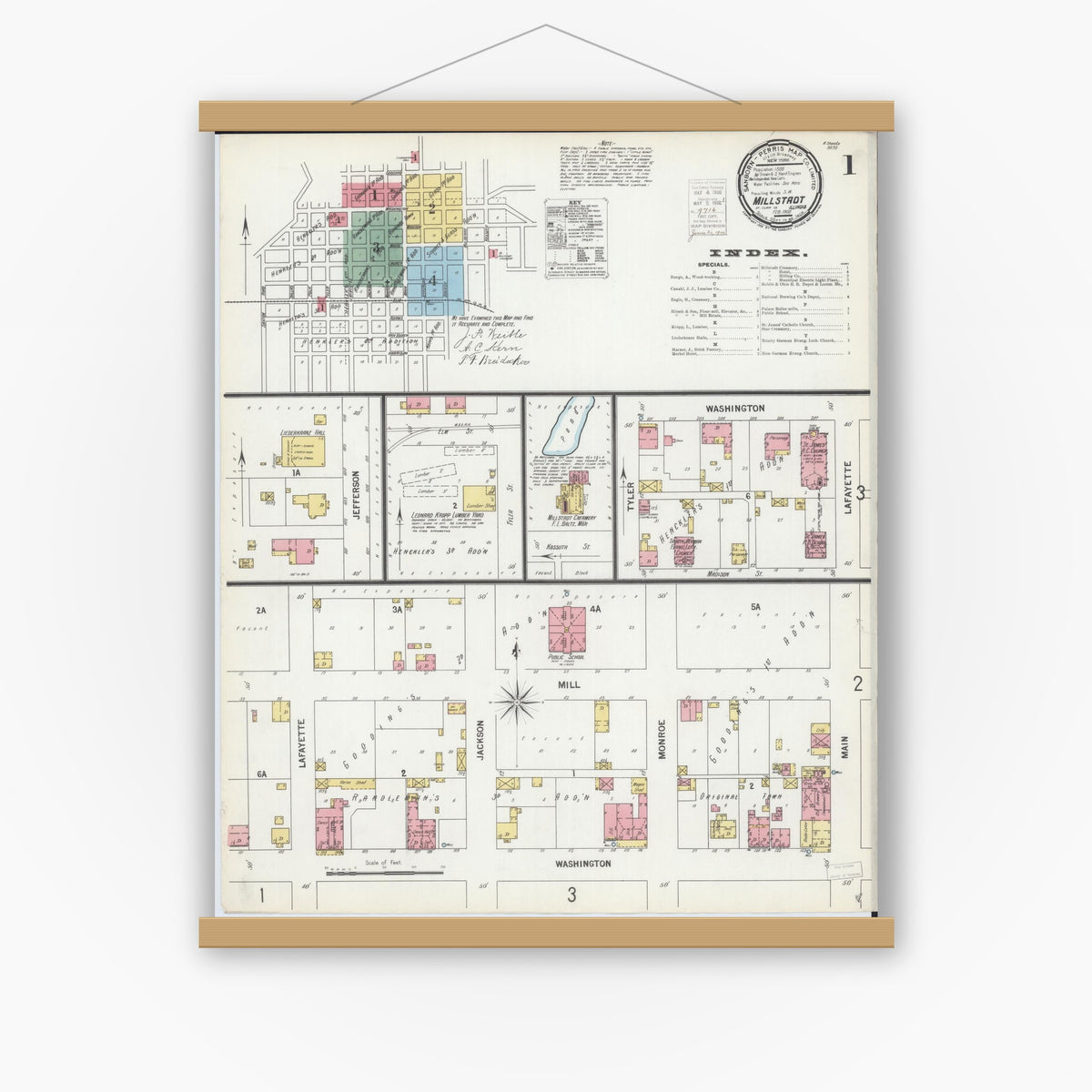 Old map wall art mockup — magnetic wood frame on white wall — Sanborn Fire Insurance Map from Millstadt, Saint Clair County, Illinois (1900) - Complete Map Set