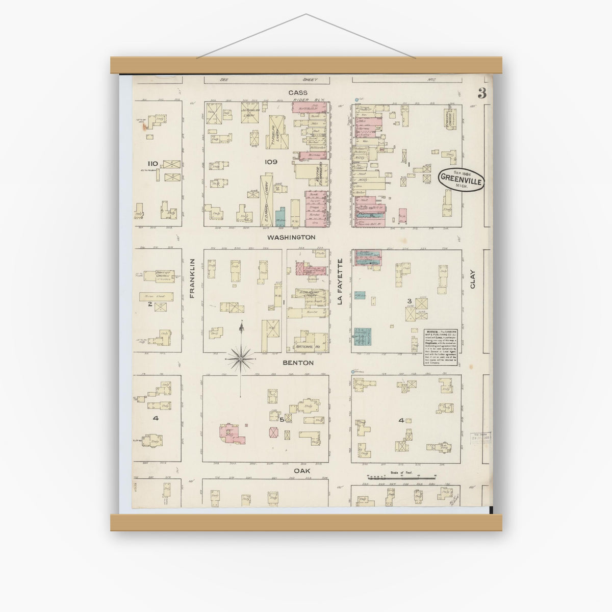 Old map wall art mockup — magnetic wood frame on white wall — Sanborn Fire Insurance Map from Greenville, Montcalm County, Michigan (1884), Sheet #0003