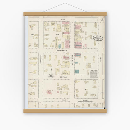 Old map wall art mockup — magnetic wood frame on white wall — Sanborn Fire Insurance Map from Greenville, Montcalm County, Michigan (1884), Sheet #0003