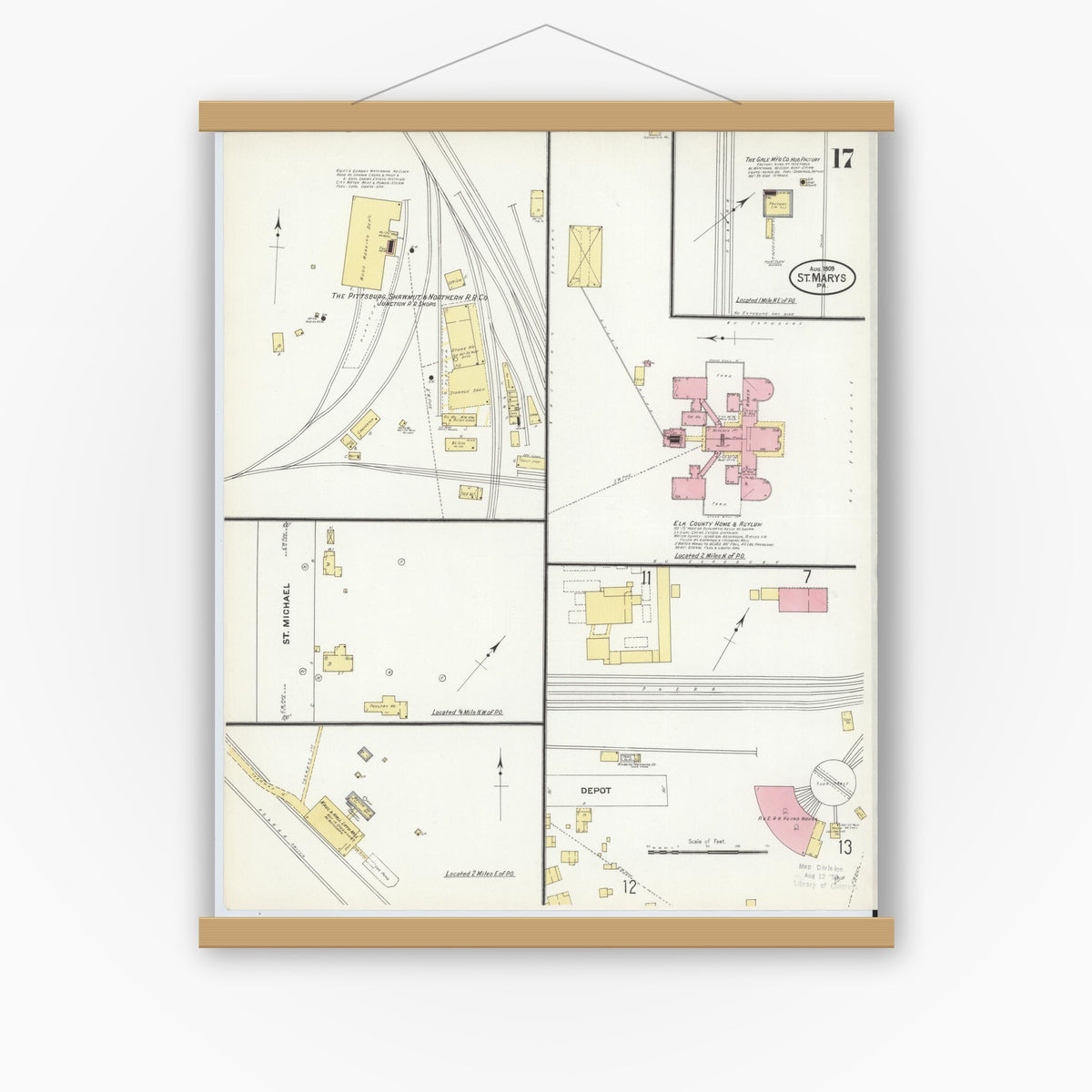 Old map wall art mockup — magnetic wood frame on white wall — Sanborn Fire Insurance Map from Saint Marys, Elk County, Pennsylvania (1909), Sheet #0017