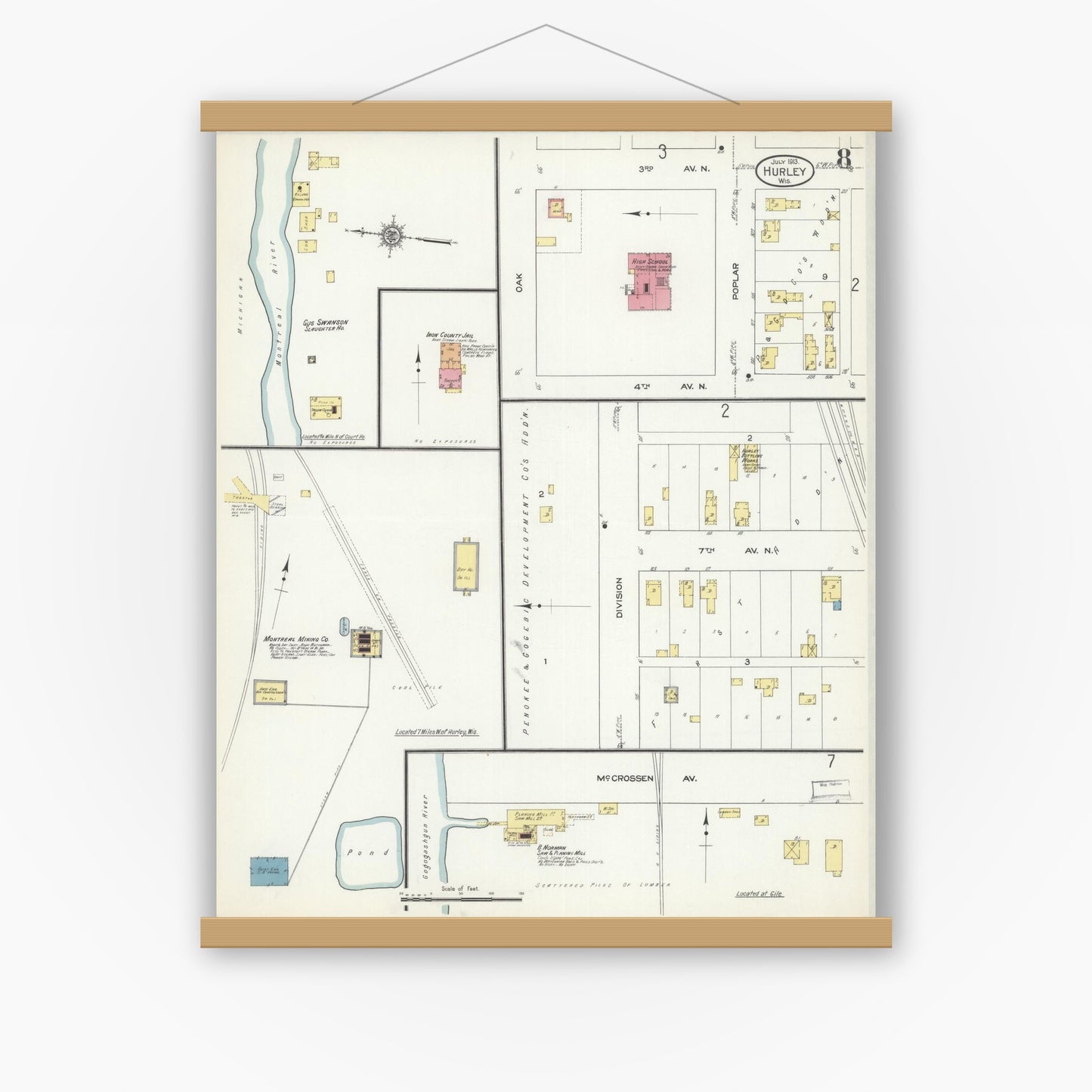 Old map wall art mockup — magnetic wood frame on white wall — Sanborn Fire Insurance Map from Hurley, Iron County, Wisconsin (1913), Sheet #0008