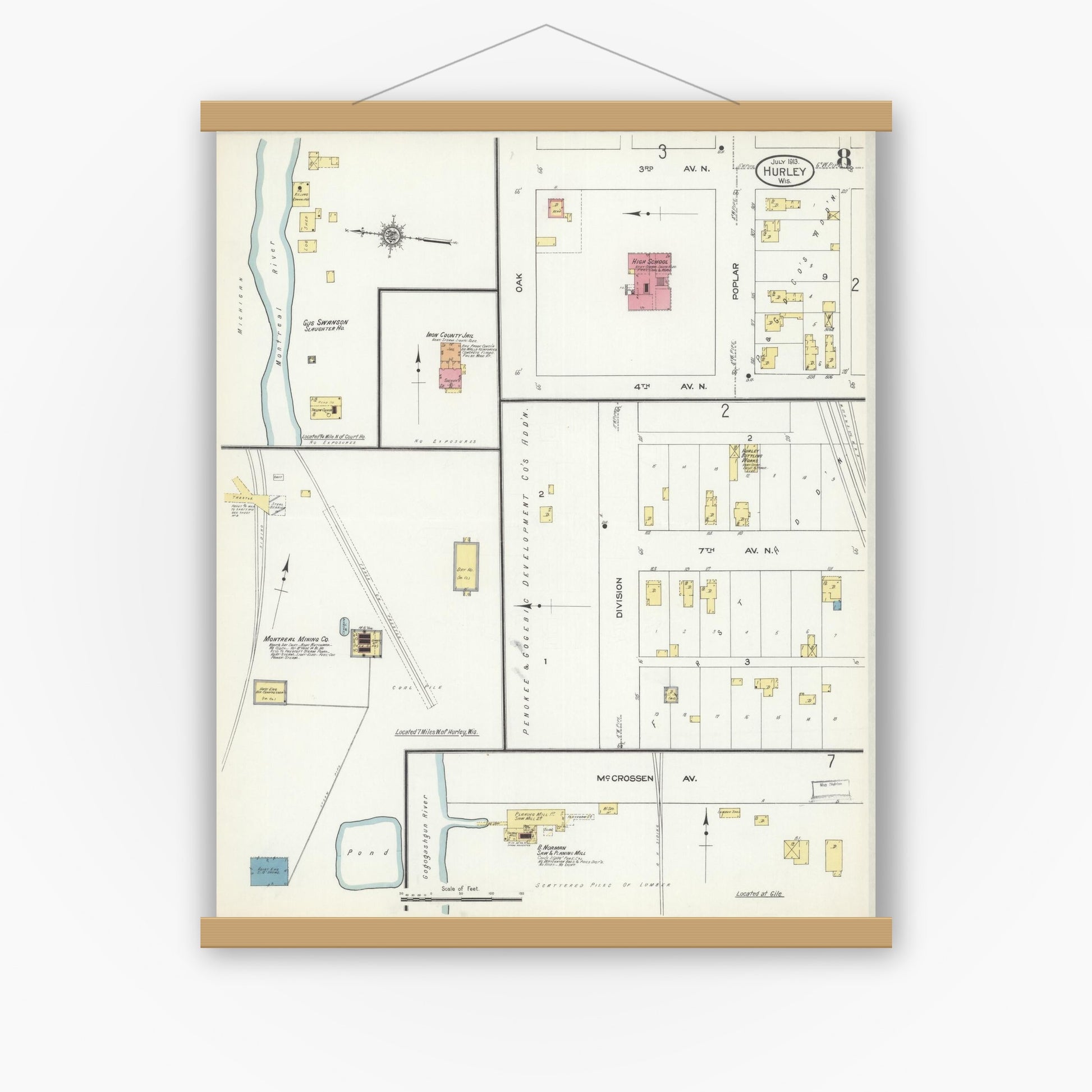 Old map wall art mockup — magnetic wood frame on white wall — Sanborn Fire Insurance Map from Hurley, Iron County, Wisconsin (1913), Sheet #0008