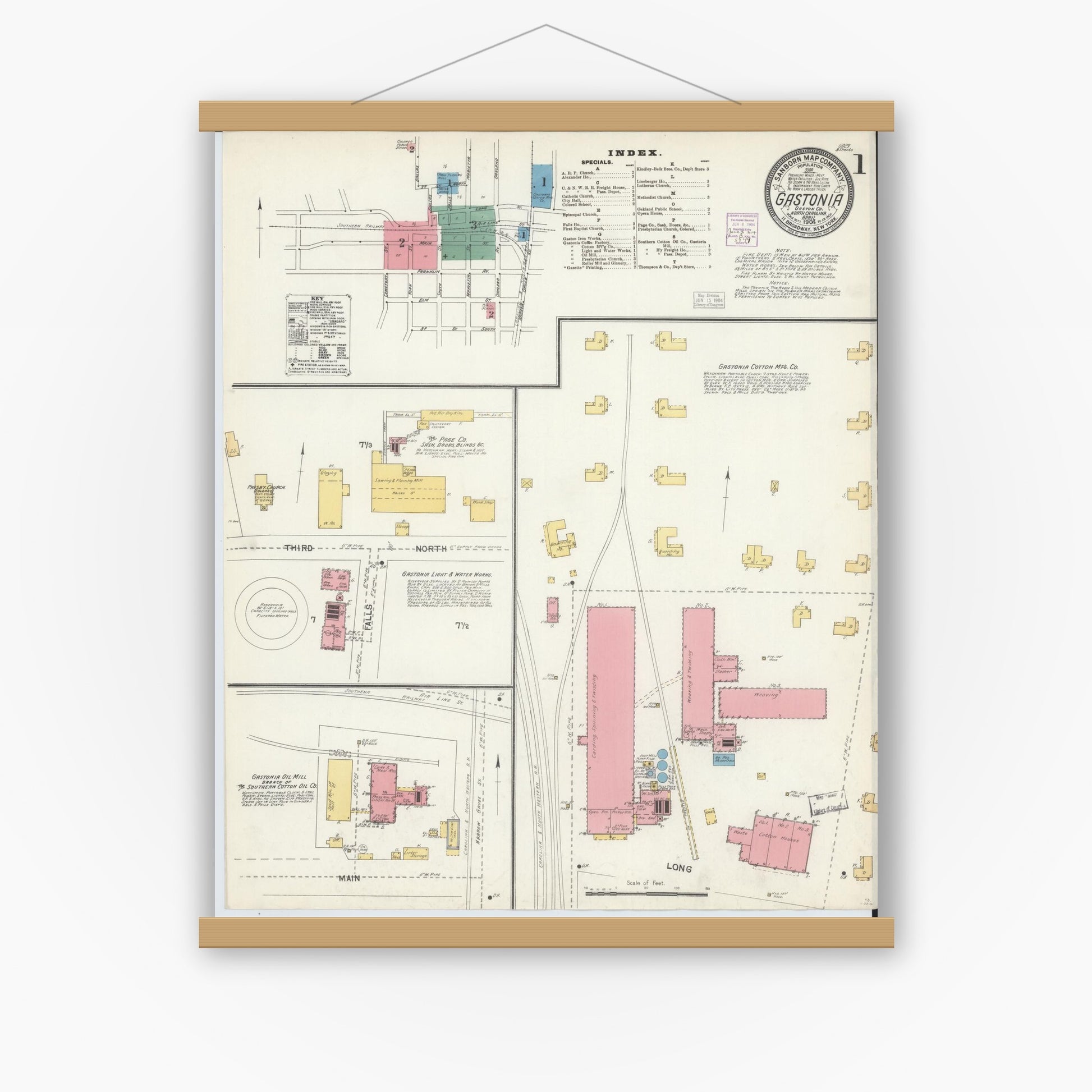 Old map wall art mockup — magnetic wood frame on white wall — Sanborn Fire Insurance Map from Gastonia, Gaston County, North Carolina (1904) - Complete Map Set