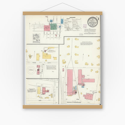 Old map wall art mockup — magnetic wood frame on white wall — Sanborn Fire Insurance Map from Gastonia, Gaston County, North Carolina (1904) - Complete Map Set
