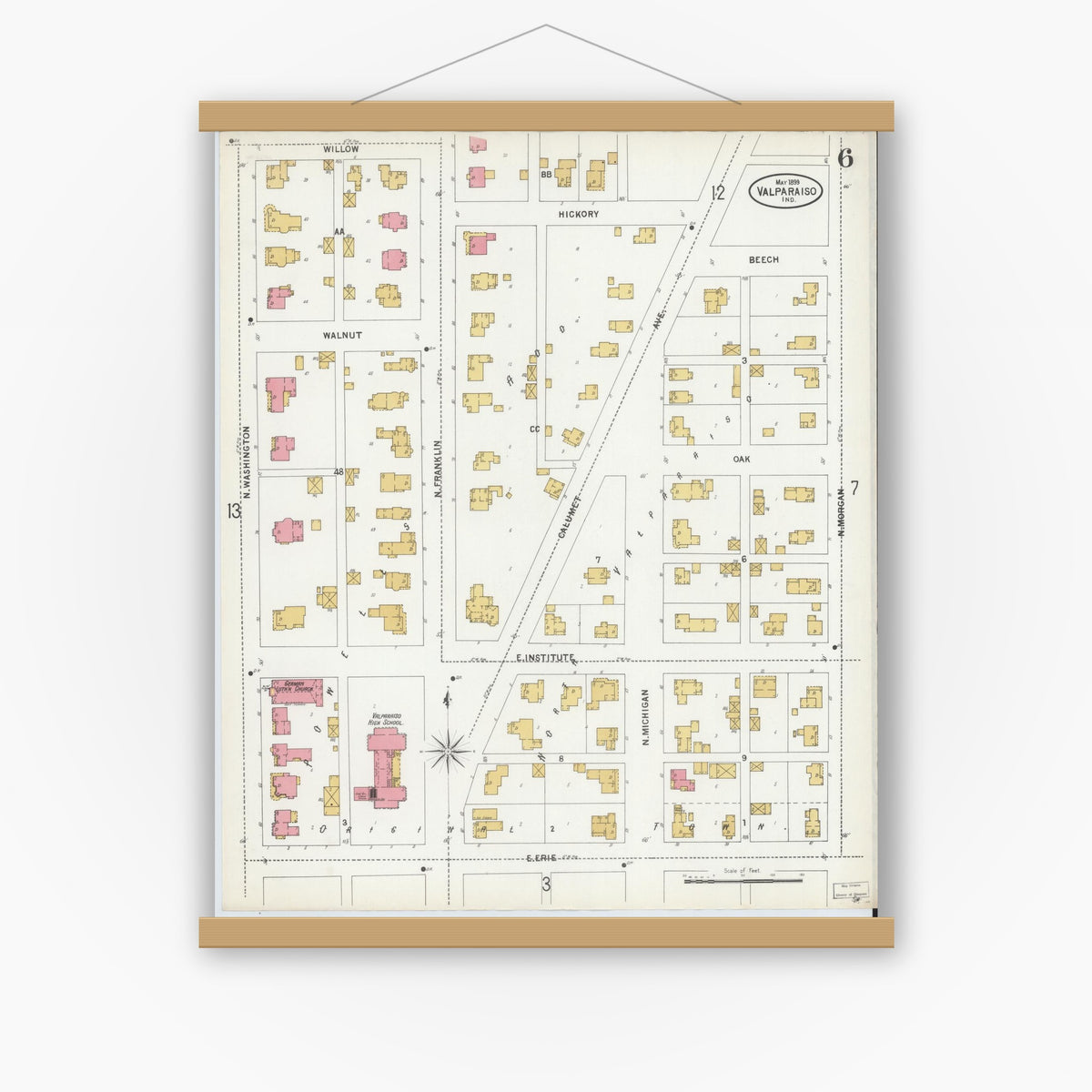 Old map wall art mockup — magnetic wood frame on white wall — Sanborn Fire Insurance Map from Valparaiso, Porter County, Indiana (1899), Sheet #0006