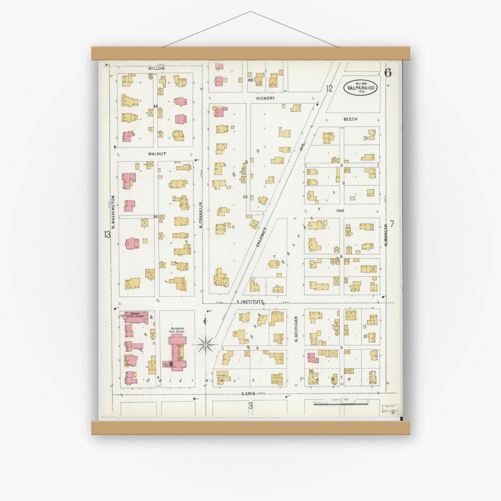 Old map wall art mockup — magnetic wood frame on white wall — Sanborn Fire Insurance Map from Valparaiso, Porter County, Indiana (1899), Sheet #0006