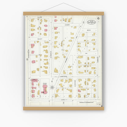 Old map wall art mockup — magnetic wood frame on white wall — Sanborn Fire Insurance Map from Valparaiso, Porter County, Indiana (1899), Sheet #0006