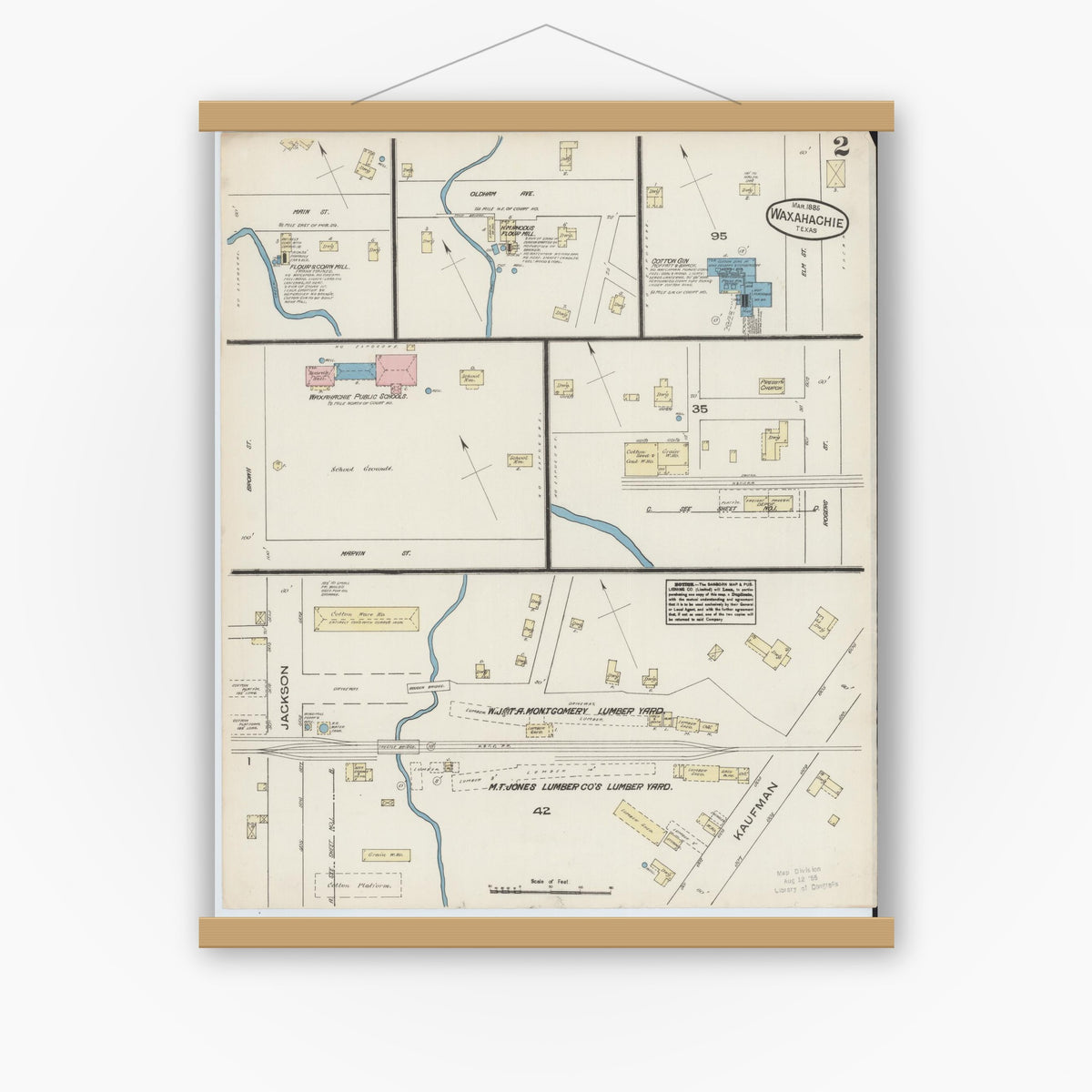 Old map wall art mockup — magnetic wood frame on white wall — Sanborn Fire Insurance Map from Waxahachie, Ellis County, Texas (1885), Sheet #0002