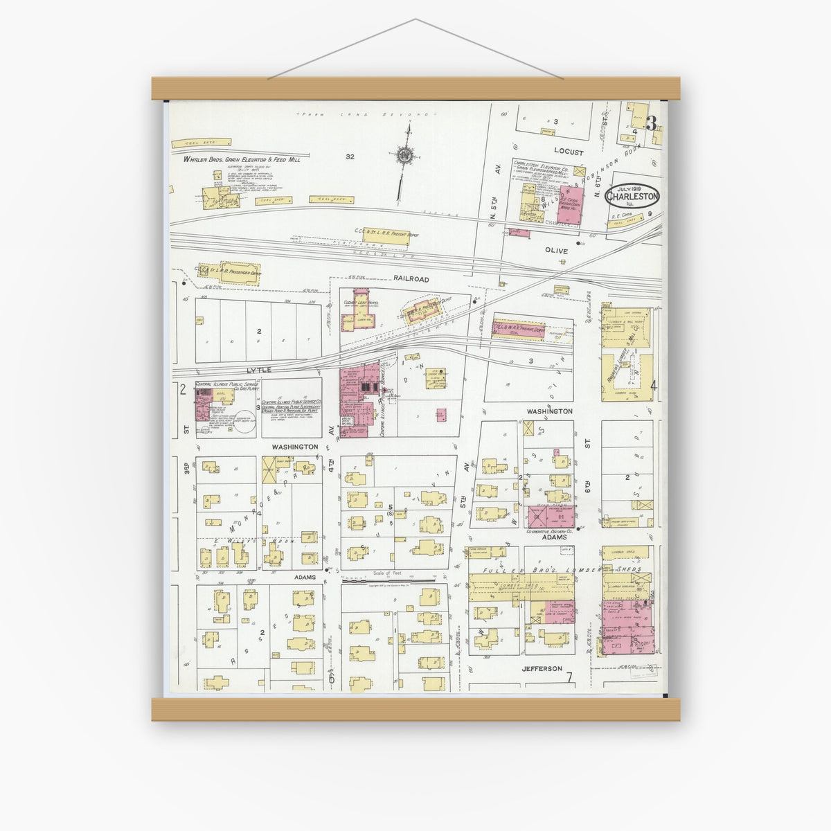 Old map wall art mockup — magnetic wood frame on white wall — Sanborn Fire Insurance Map from Charleston, Coles County, Illinois (1919), Sheet #0003